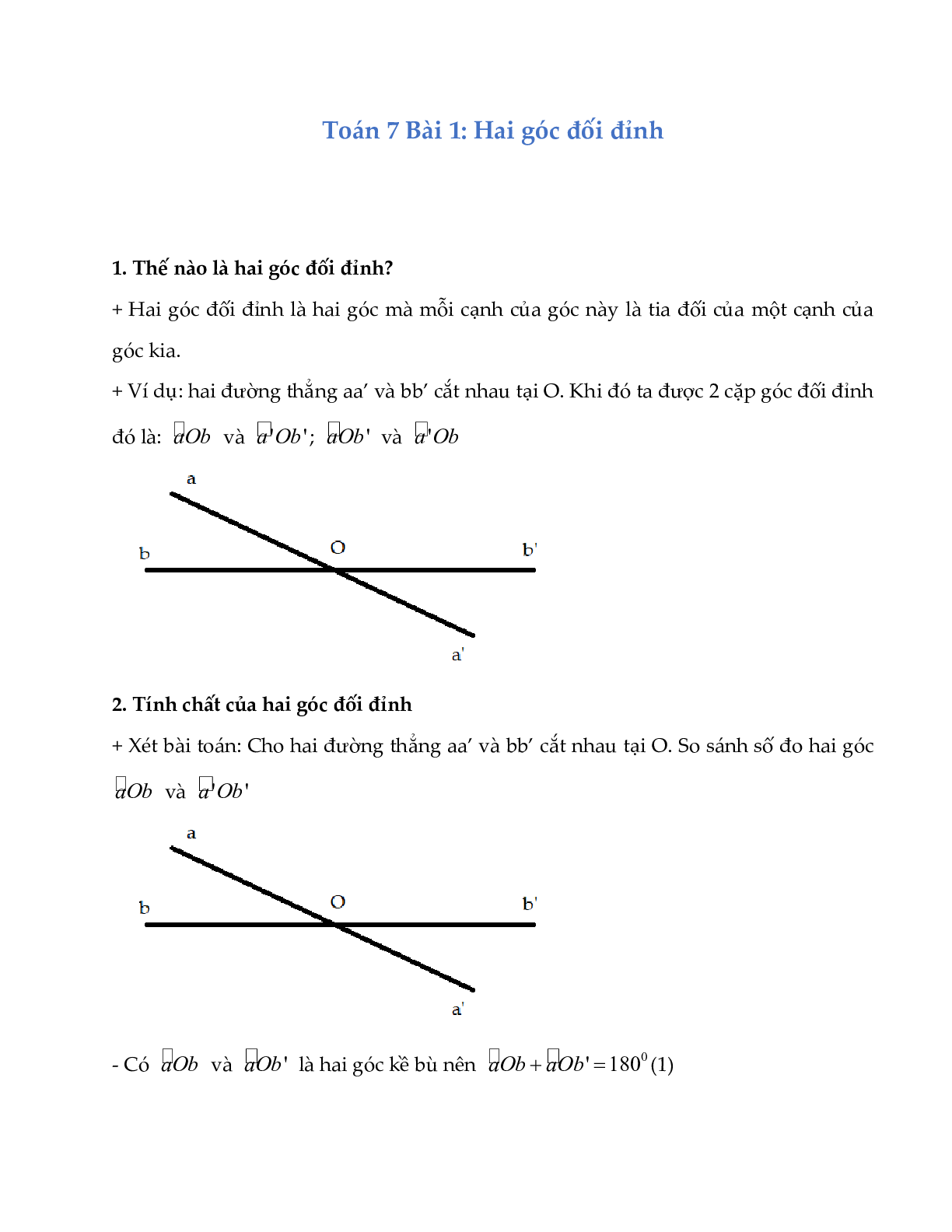 Lý thuyết Toán lớp 7: Hai góc đối đỉnh (trang 1)
