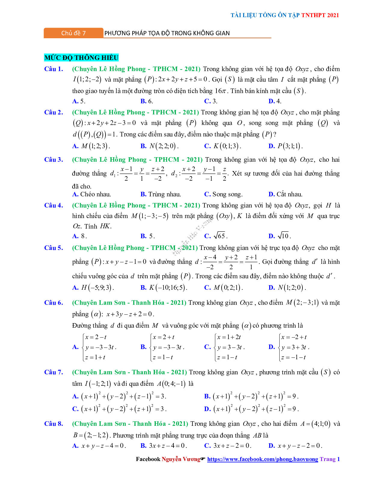 Trắc nghiệm ôn thi THPT QG Toán lớp 12: Câu hỏi phương pháp tọa độ trong không gian mức độ thông hiểu (trang 1)