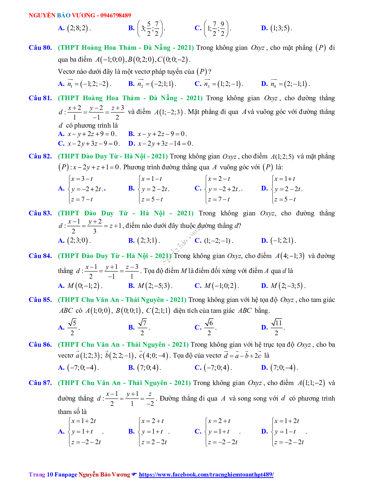 Trắc nghiệm ôn thi THPT QG Toán lớp 12: Câu hỏi phương pháp tọa độ trong không gian mức độ thông hiểu (trang 10)