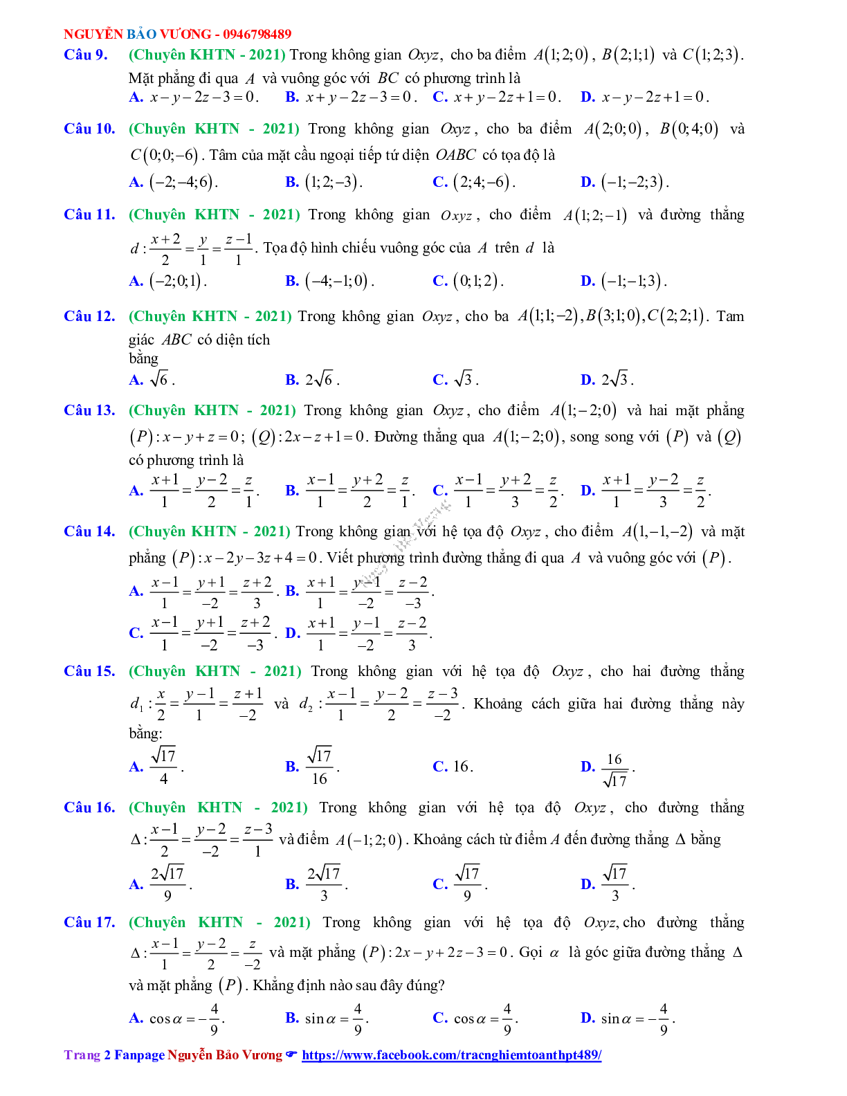 Trắc nghiệm ôn thi THPT QG Toán lớp 12: Câu hỏi phương pháp tọa độ trong không gian mức độ thông hiểu (trang 2)