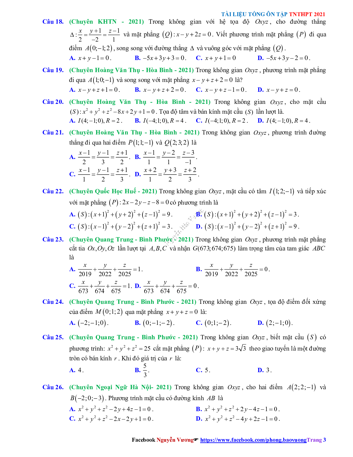 Trắc nghiệm ôn thi THPT QG Toán lớp 12: Câu hỏi phương pháp tọa độ trong không gian mức độ thông hiểu (trang 3)
