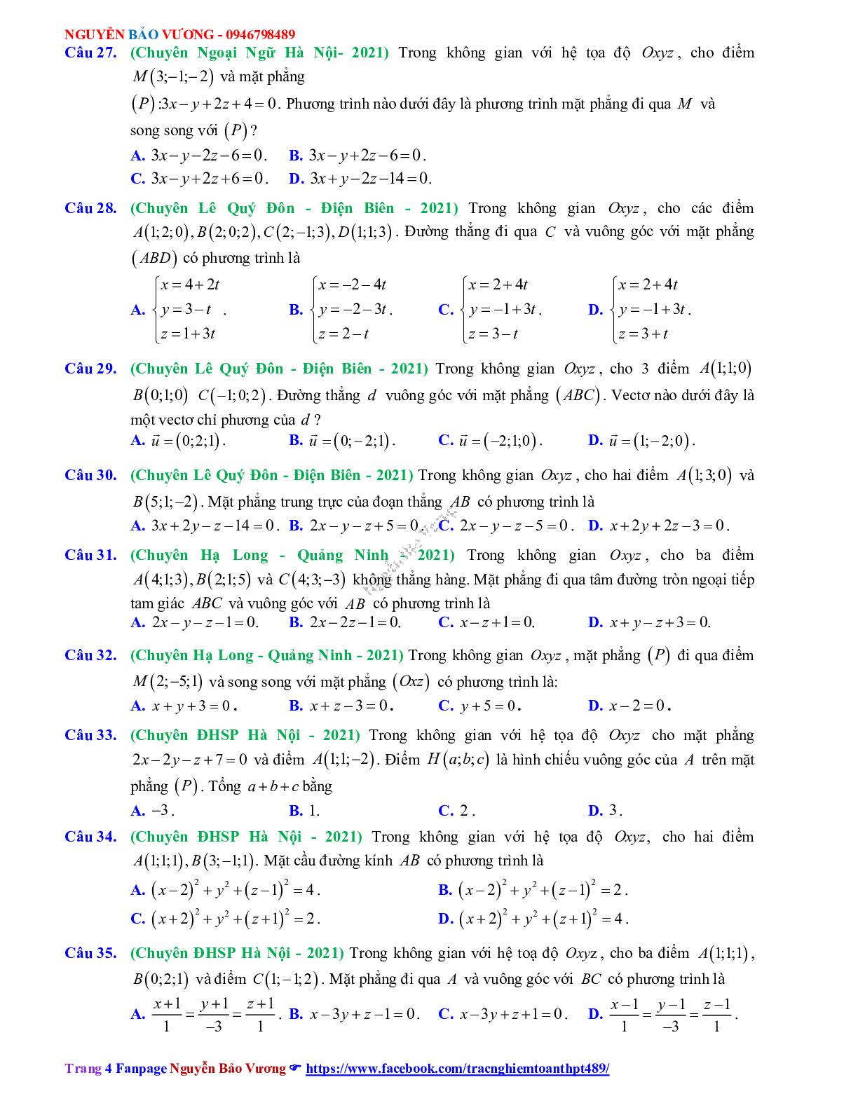 Trắc nghiệm ôn thi THPT QG Toán lớp 12: Câu hỏi phương pháp tọa độ trong không gian mức độ thông hiểu (trang 4)
