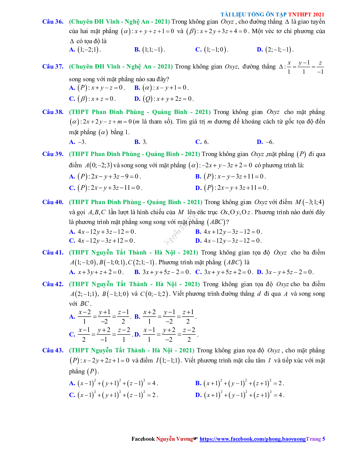 Trắc nghiệm ôn thi THPT QG Toán lớp 12: Câu hỏi phương pháp tọa độ trong không gian mức độ thông hiểu (trang 5)