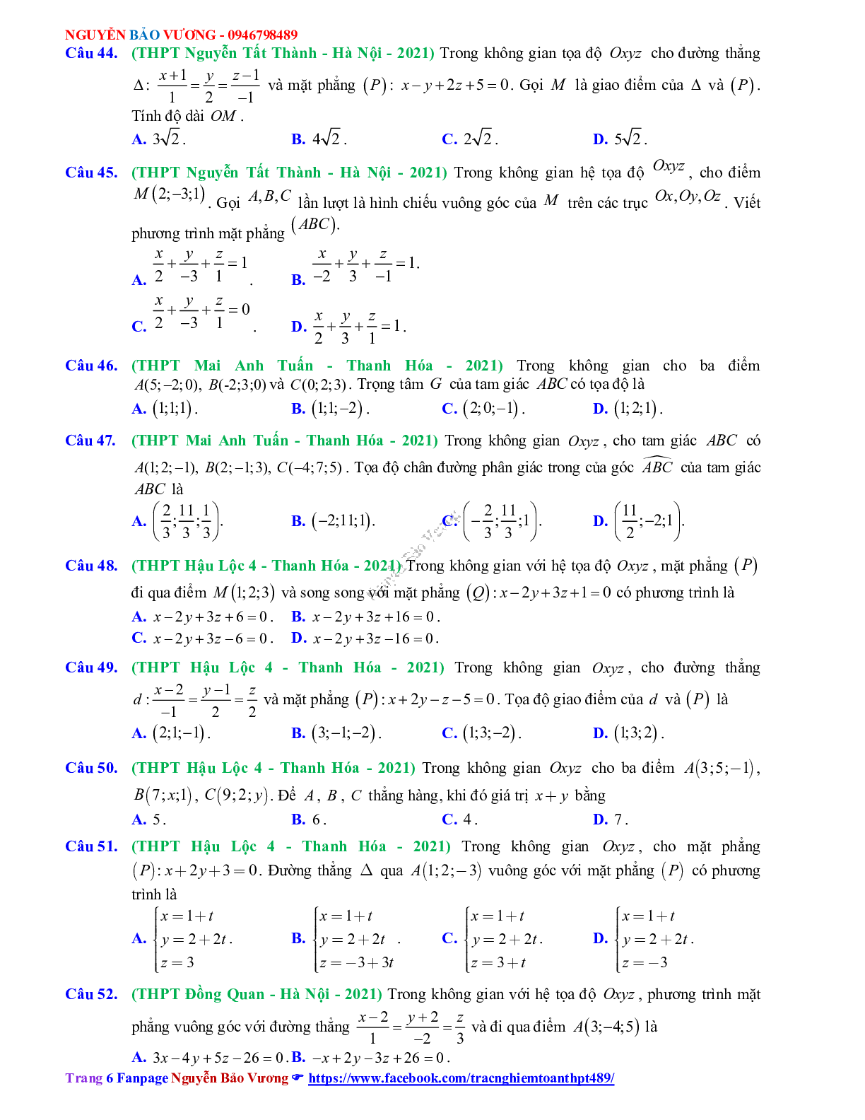 Trắc nghiệm ôn thi THPT QG Toán lớp 12: Câu hỏi phương pháp tọa độ trong không gian mức độ thông hiểu (trang 6)