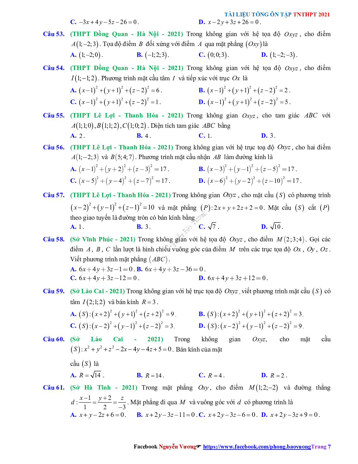 Trắc nghiệm ôn thi THPT QG Toán lớp 12: Câu hỏi phương pháp tọa độ trong không gian mức độ thông hiểu (trang 7)