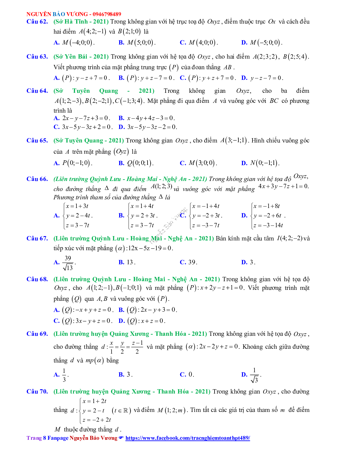 Trắc nghiệm ôn thi THPT QG Toán lớp 12: Câu hỏi phương pháp tọa độ trong không gian mức độ thông hiểu (trang 8)