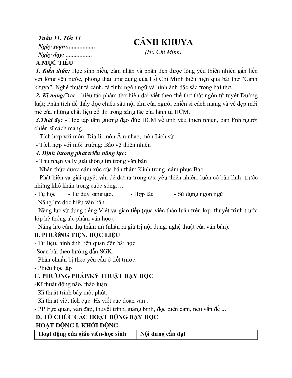 Giáo án ngữ văn lớp 7 Tuần 11 Tiết 44: Cảnh khuya mới nhất (trang 1)