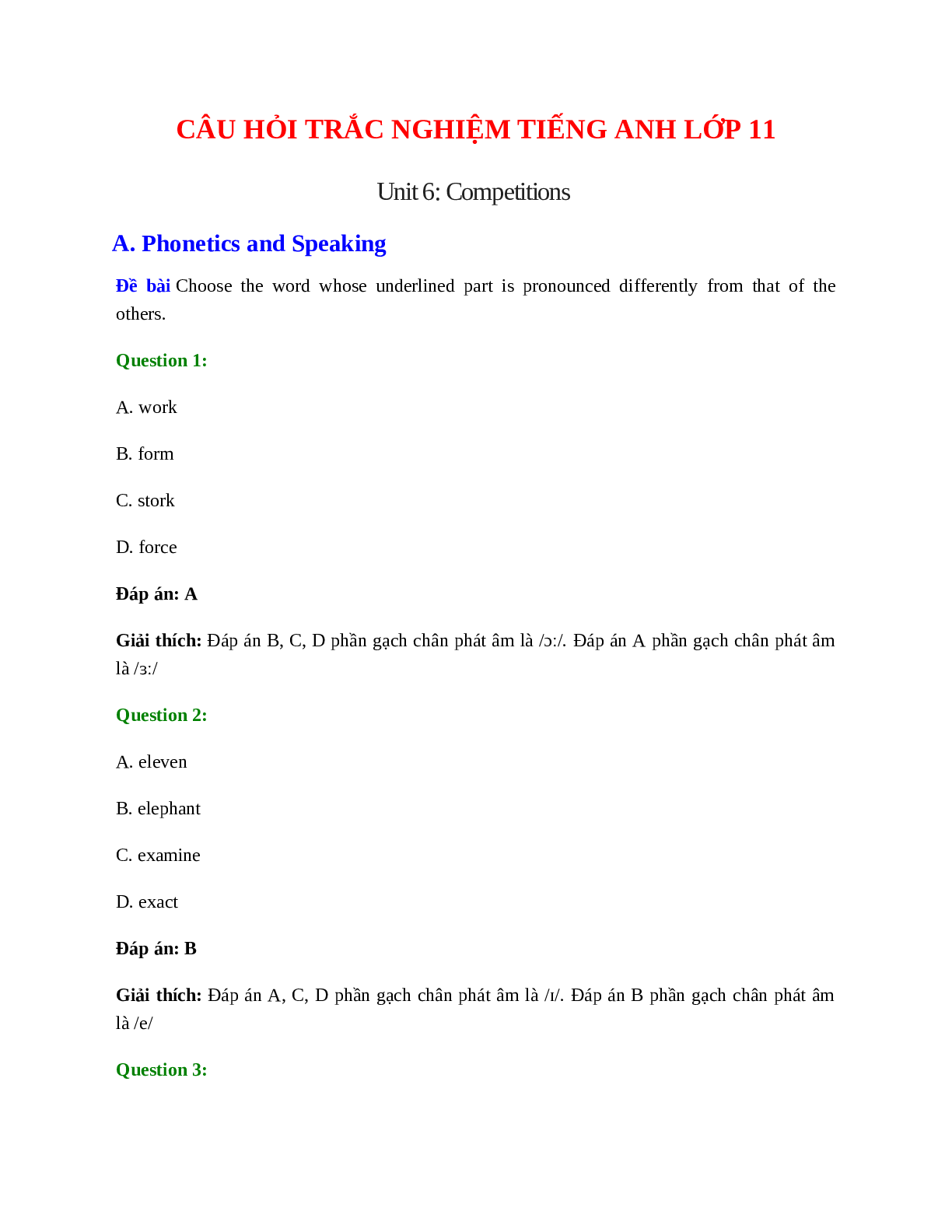 60 câu Trắc nghiệm Tiếng Anh 11 Unit 6 có đáp án 2023: Competitions (trang 1)