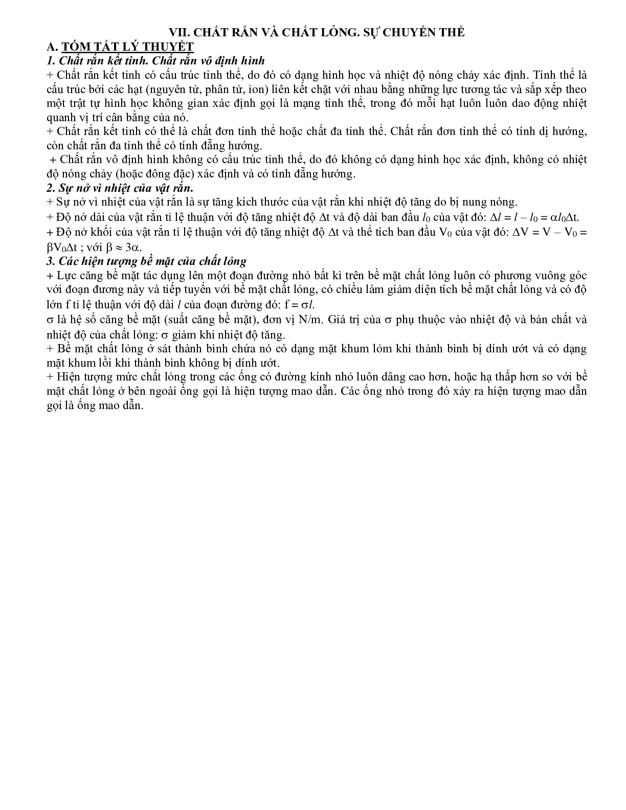 Dạng bài tập Chất rắn và chất lỏng, sự chuyển thể môn Vật lý lớp 10 (trang 1)