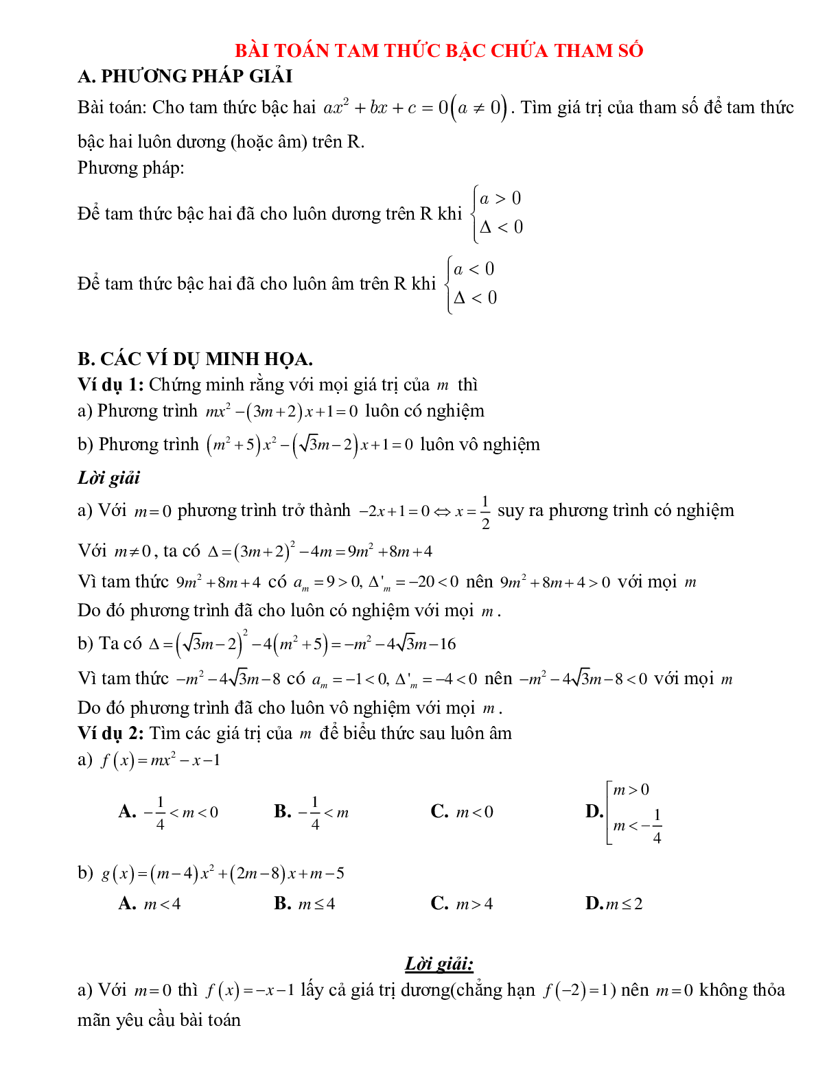 Bài tập bài toán tam thức bậc hai chứa tham số Toán 10 (trang 1)