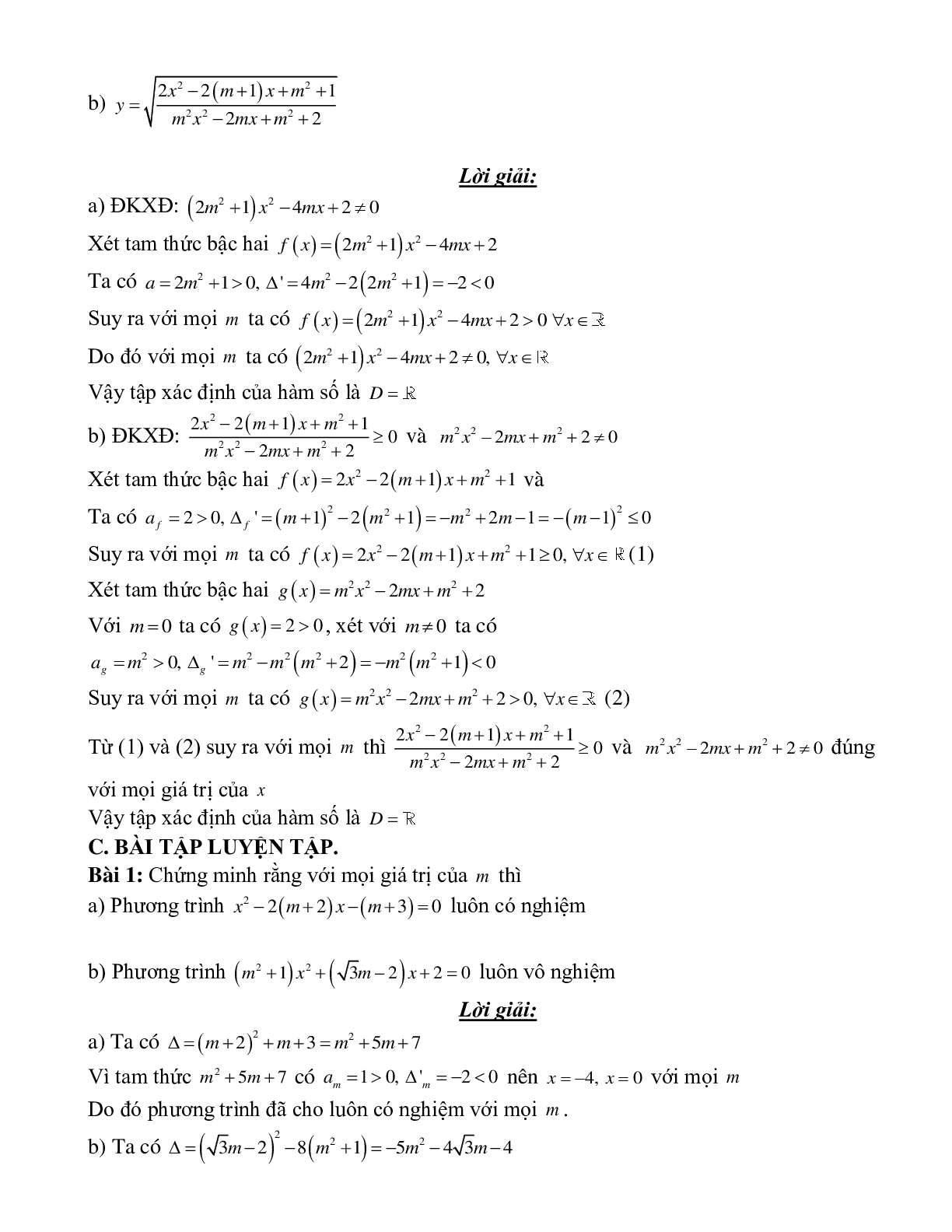 Bài tập bài toán tam thức bậc hai chứa tham số Toán 10 (trang 3)
