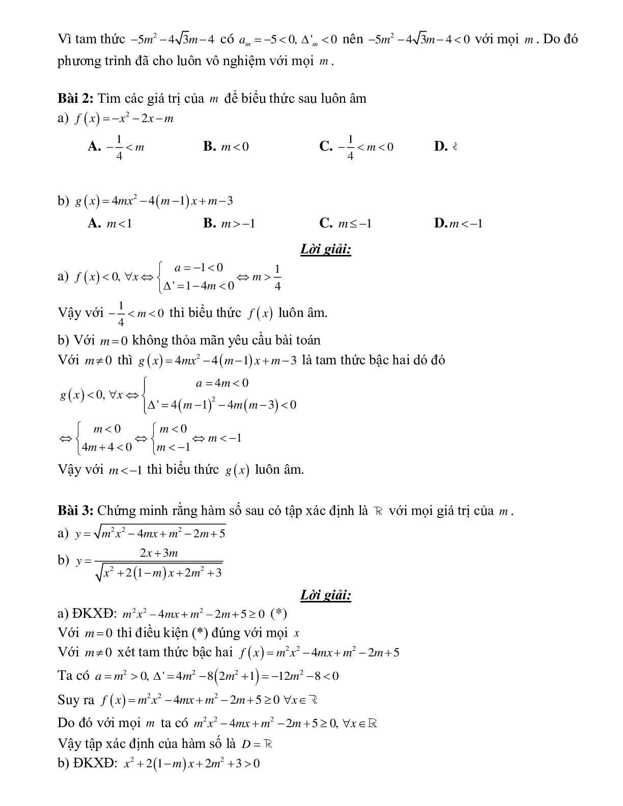 Bài tập bài toán tam thức bậc hai chứa tham số Toán 10 (trang 4)