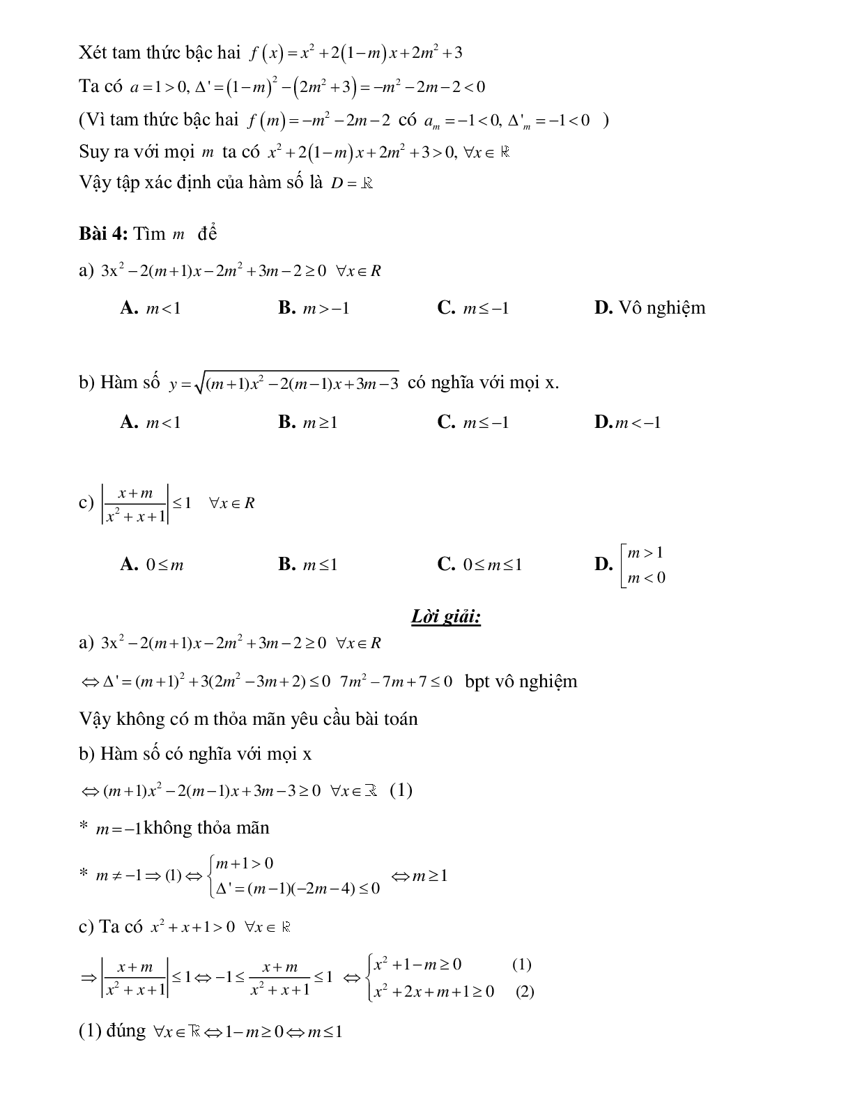 Bài tập bài toán tam thức bậc hai chứa tham số Toán 10 (trang 5)