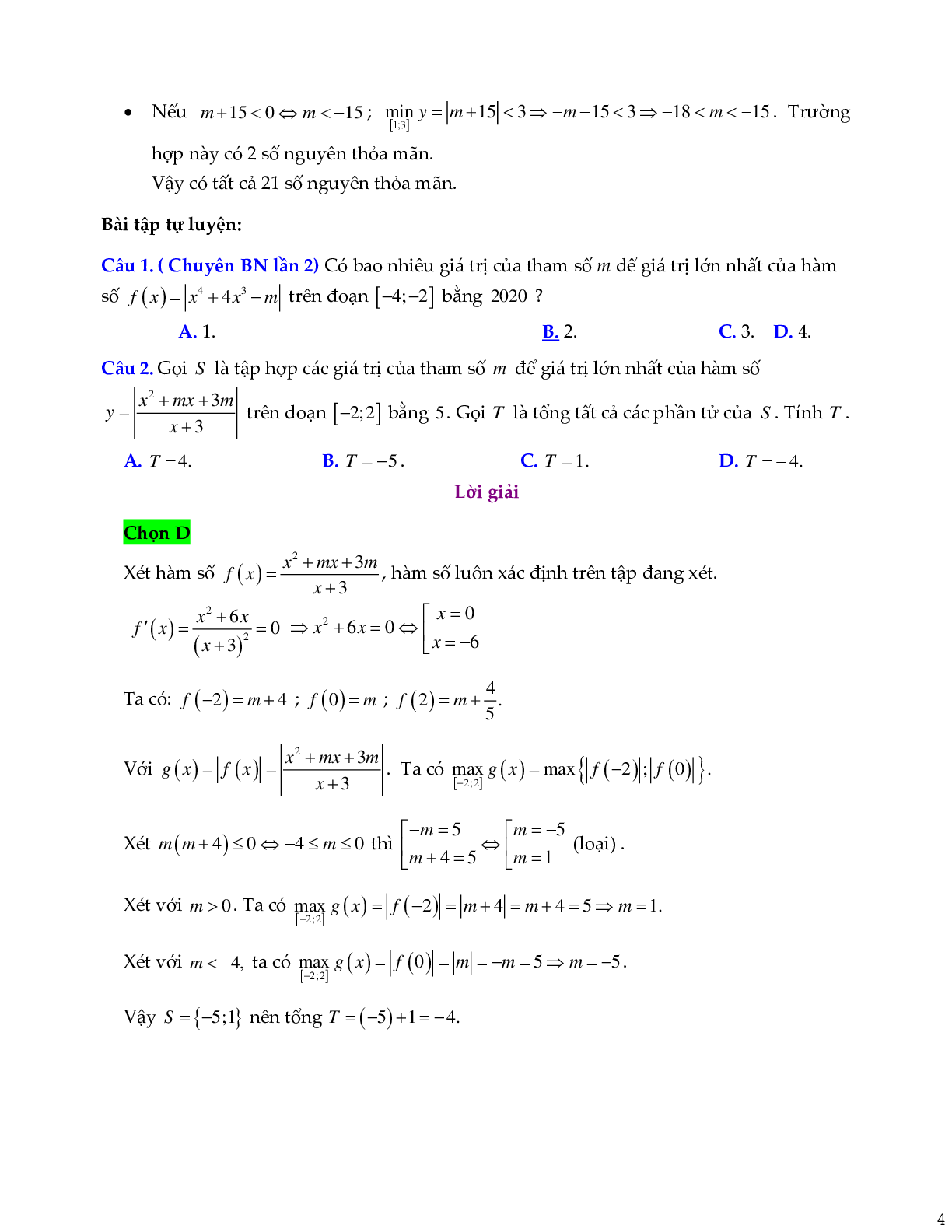 Phương pháp giải Giá trị lớn nhất và nhỏ nhất của hàm số chứa dấu giá trị tuyệt đối 2023 (lý thuyết và bài tập) (trang 4)