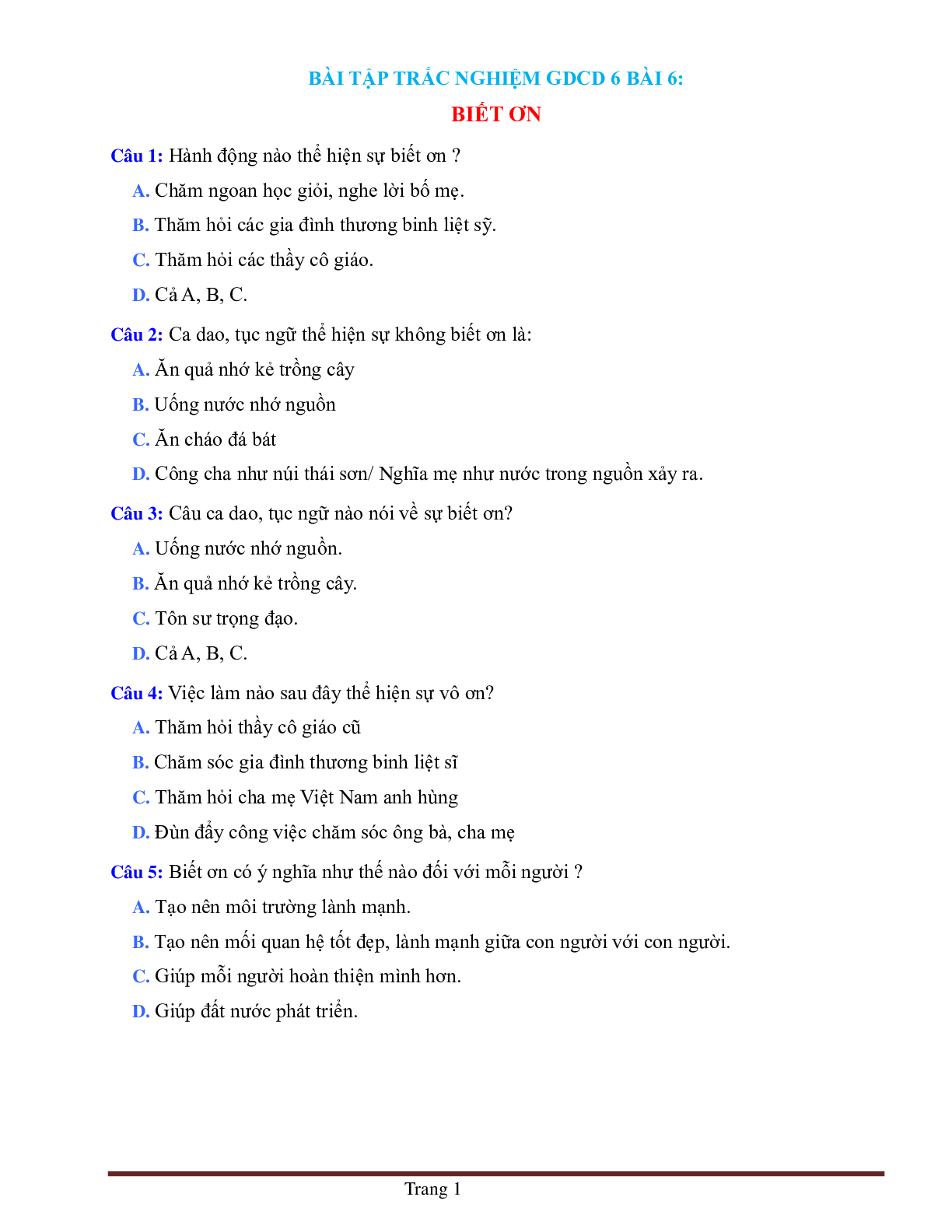 BÀI TẬP TRẮC NGHIỆM GDCD 6 BÀI 6: BIẾT ƠN CÓ ĐÁP ÁN, CHỌN LỌC (trang 1)