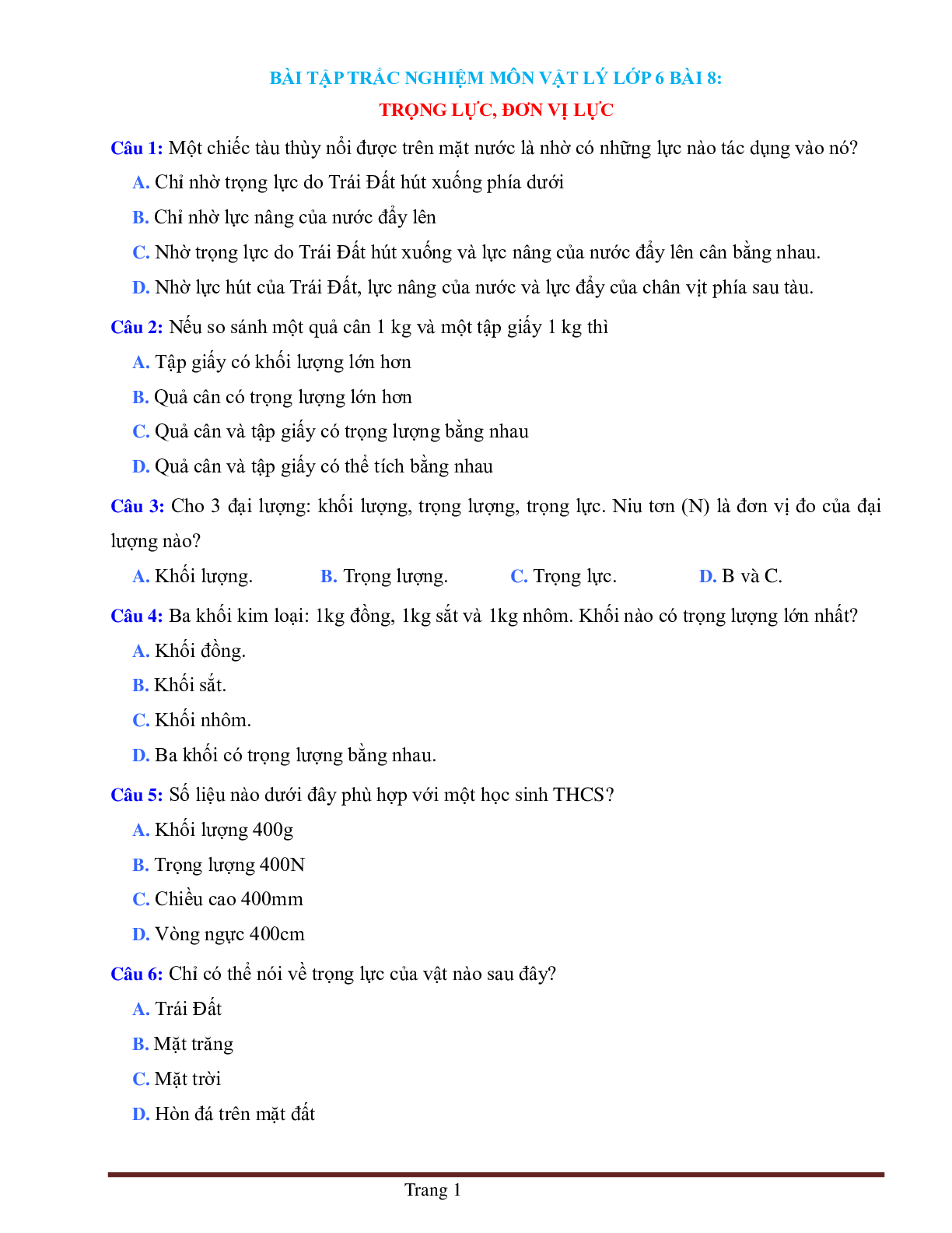 BÀI TẬP TRẮC NGHIỆM MÔN VẬT LÝ LỚP 6 BÀI 8: TRỌNG LỰC, ĐƠN VỊ LỰC (trang 1)