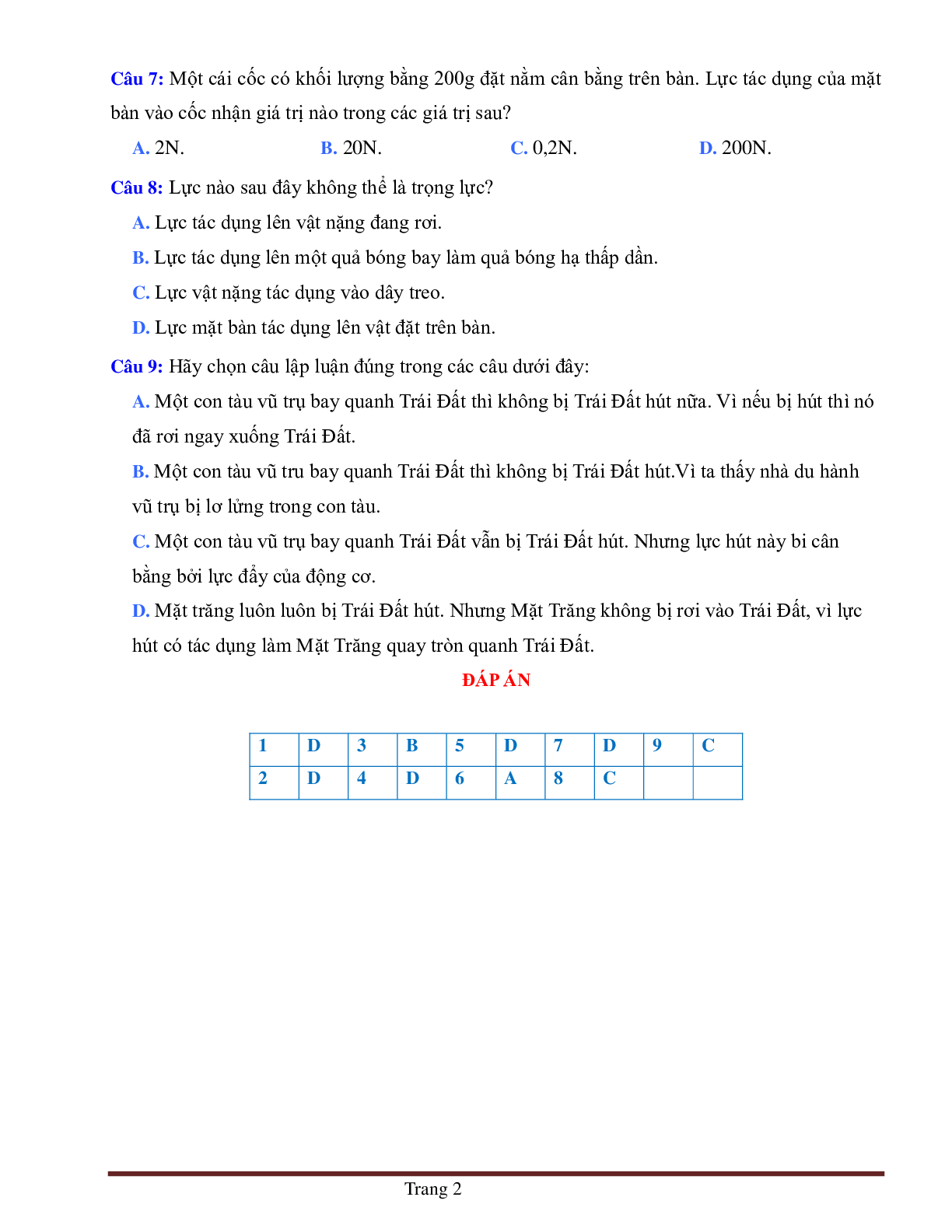 BÀI TẬP TRẮC NGHIỆM MÔN VẬT LÝ LỚP 6 BÀI 8: TRỌNG LỰC, ĐƠN VỊ LỰC (trang 2)