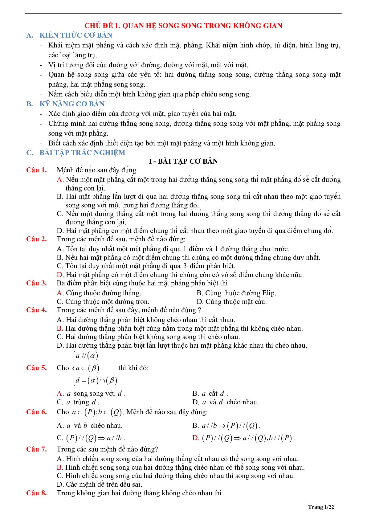 Tóm tắt lý thuyết và bài tập trắc nghiệm quan hệ song song trong không gian - có đáp án chi tiết (trang 1)