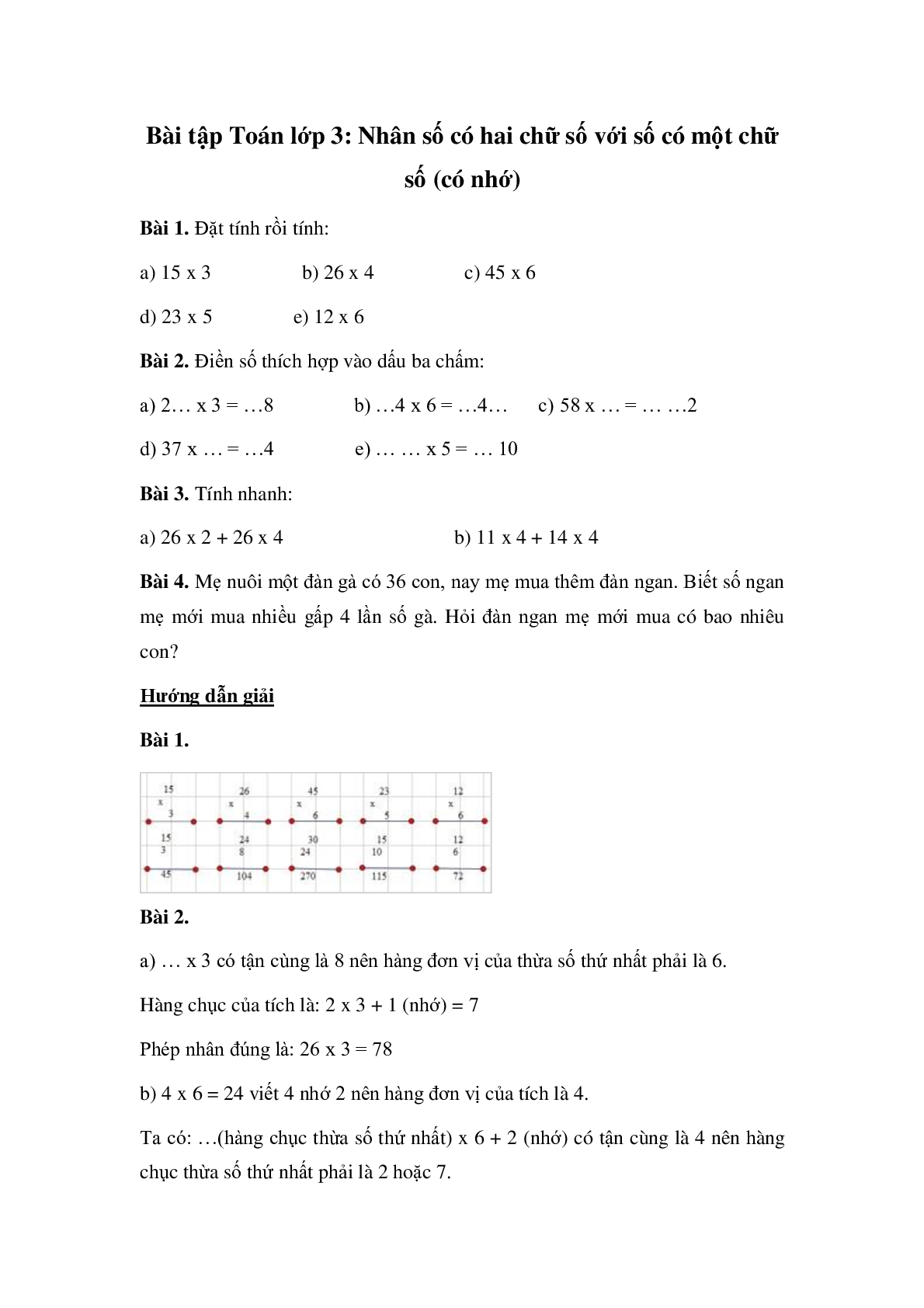 Các bài toán về Nhân số có hai chữ số với số có một chữ số (có nhớ) toán lớp 3 có đáp án, chọn lọc (trang 1)