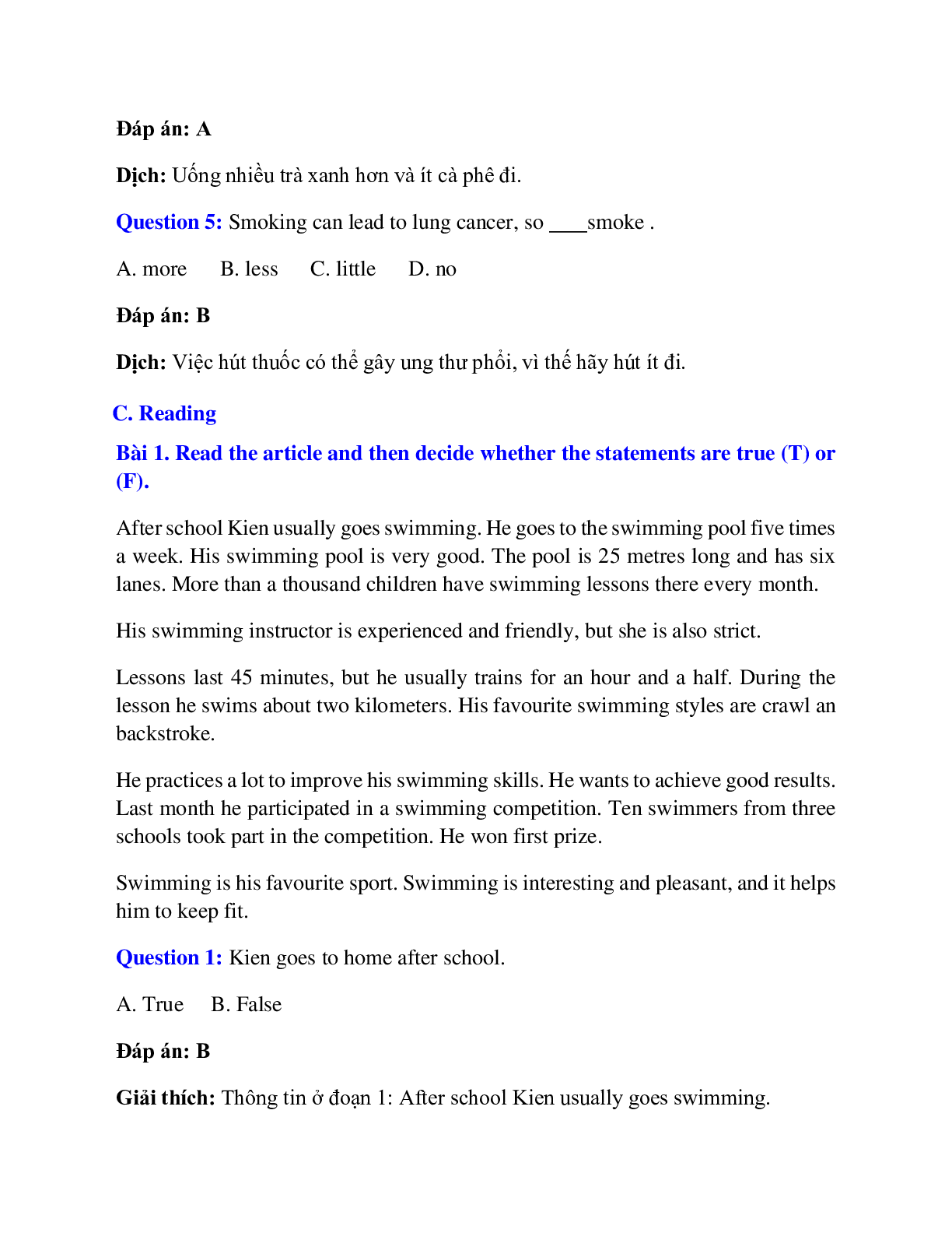 Trắc nghiệm Tiếng Anh 7 Unit 10 có đáp án: Health and Hygience (trang 6)