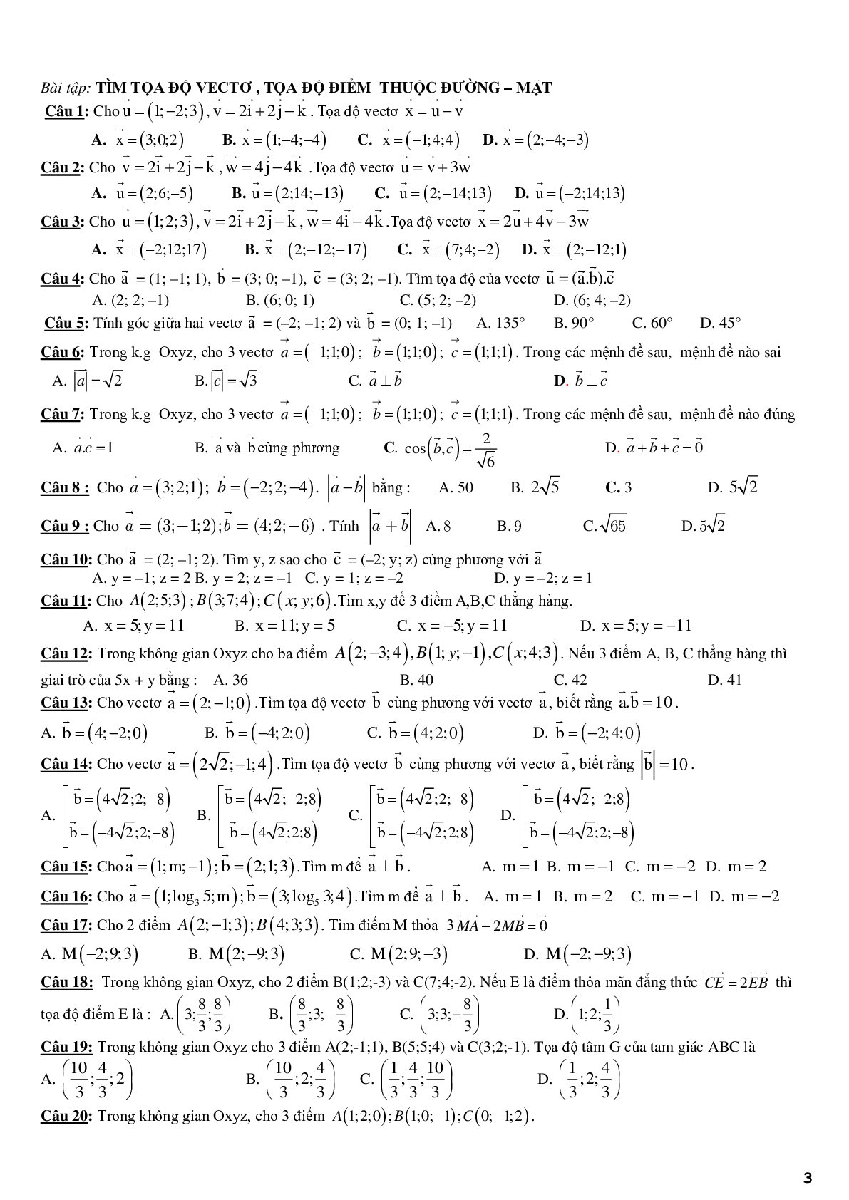 Lý thuyết và bài tập ôn tập chương phương pháp tọa độ trong không gian (trang 3)