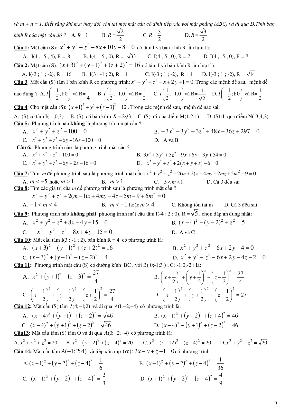 Lý thuyết và bài tập ôn tập chương phương pháp tọa độ trong không gian (trang 7)