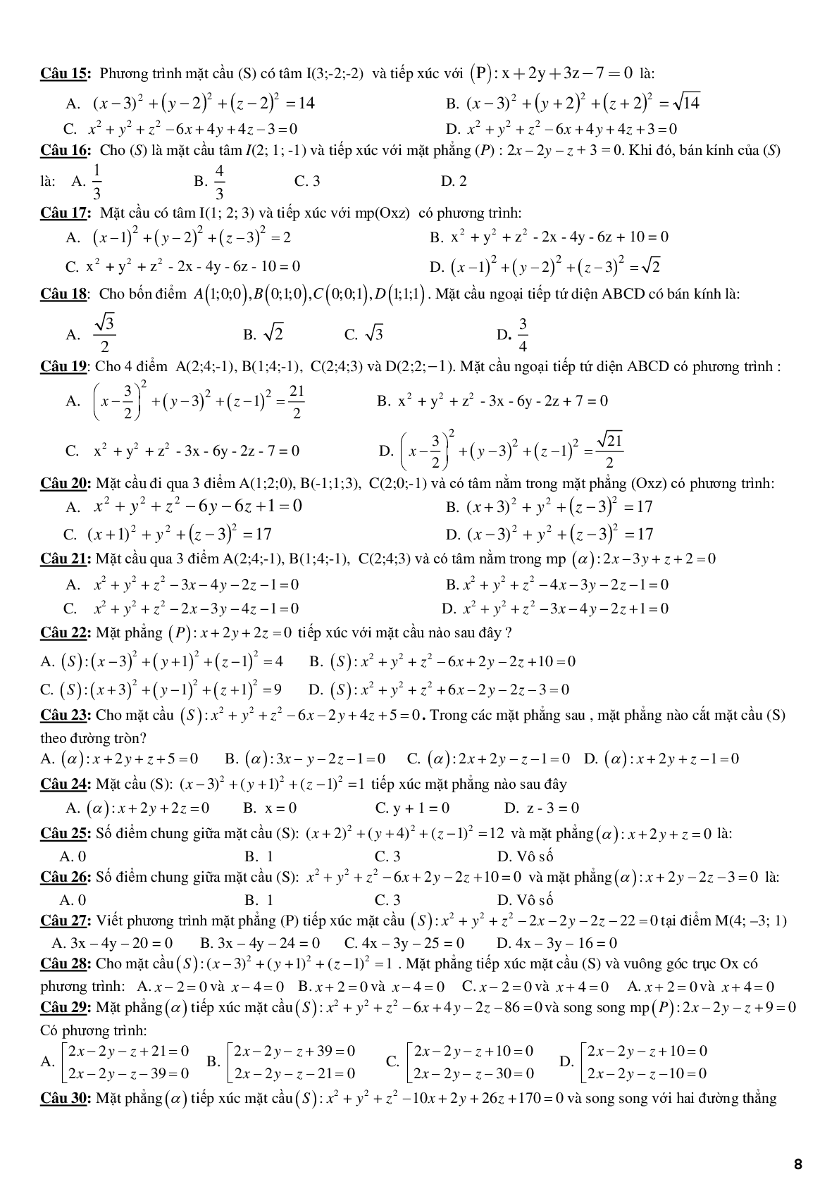 Lý thuyết và bài tập ôn tập chương phương pháp tọa độ trong không gian (trang 8)