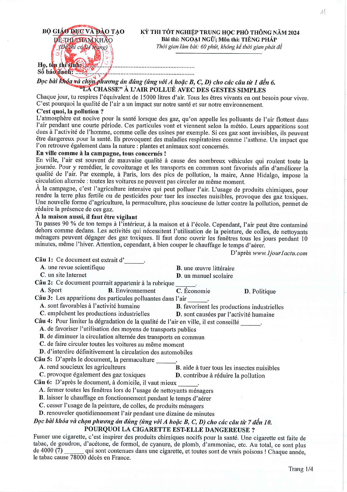 Đề thi tham khảo Tiếng Pháp 2024 có đáp án (trang 1)