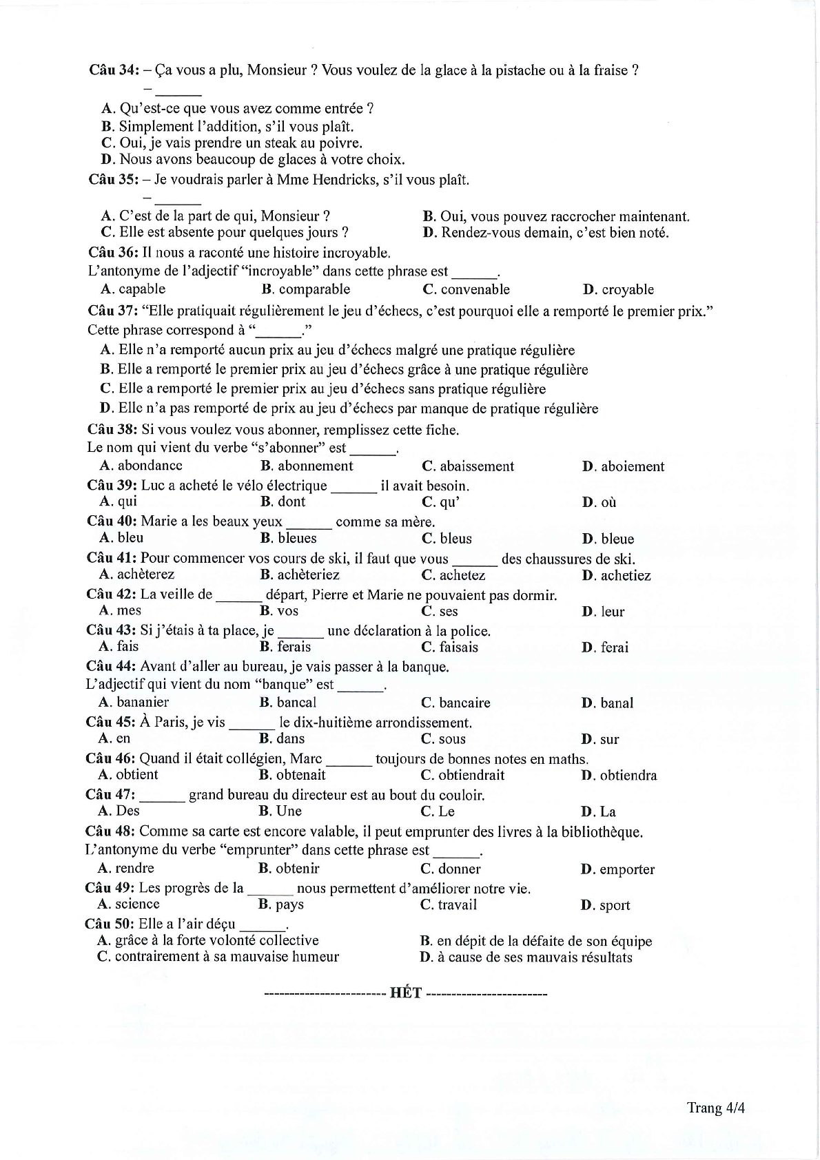 Đề thi tham khảo Tiếng Pháp 2024 có đáp án (trang 4)
