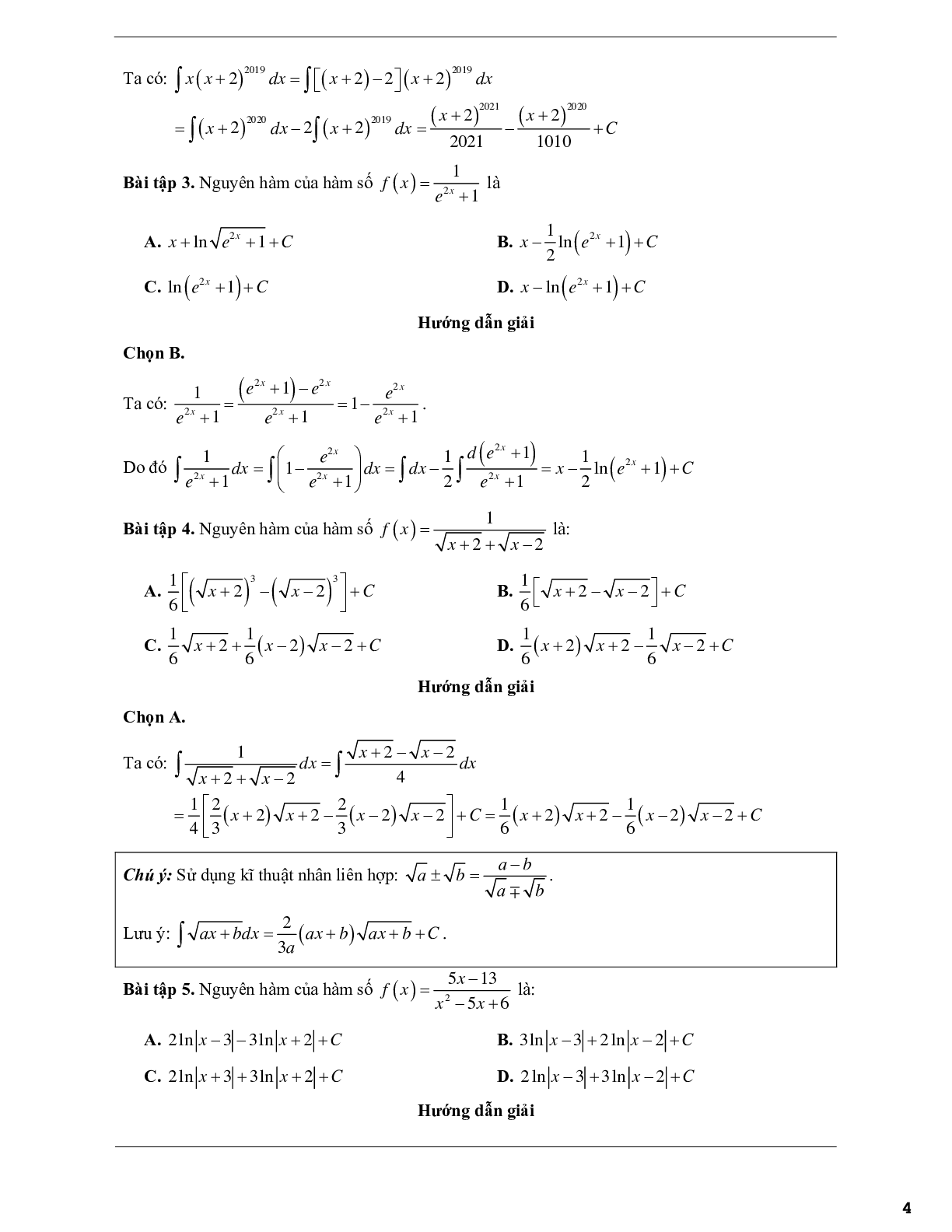 Các dạng bài tập trắc nghiệm vận dụng cao nguyên hàm và một số phương pháp tìm nguyên hàm (trang 4)