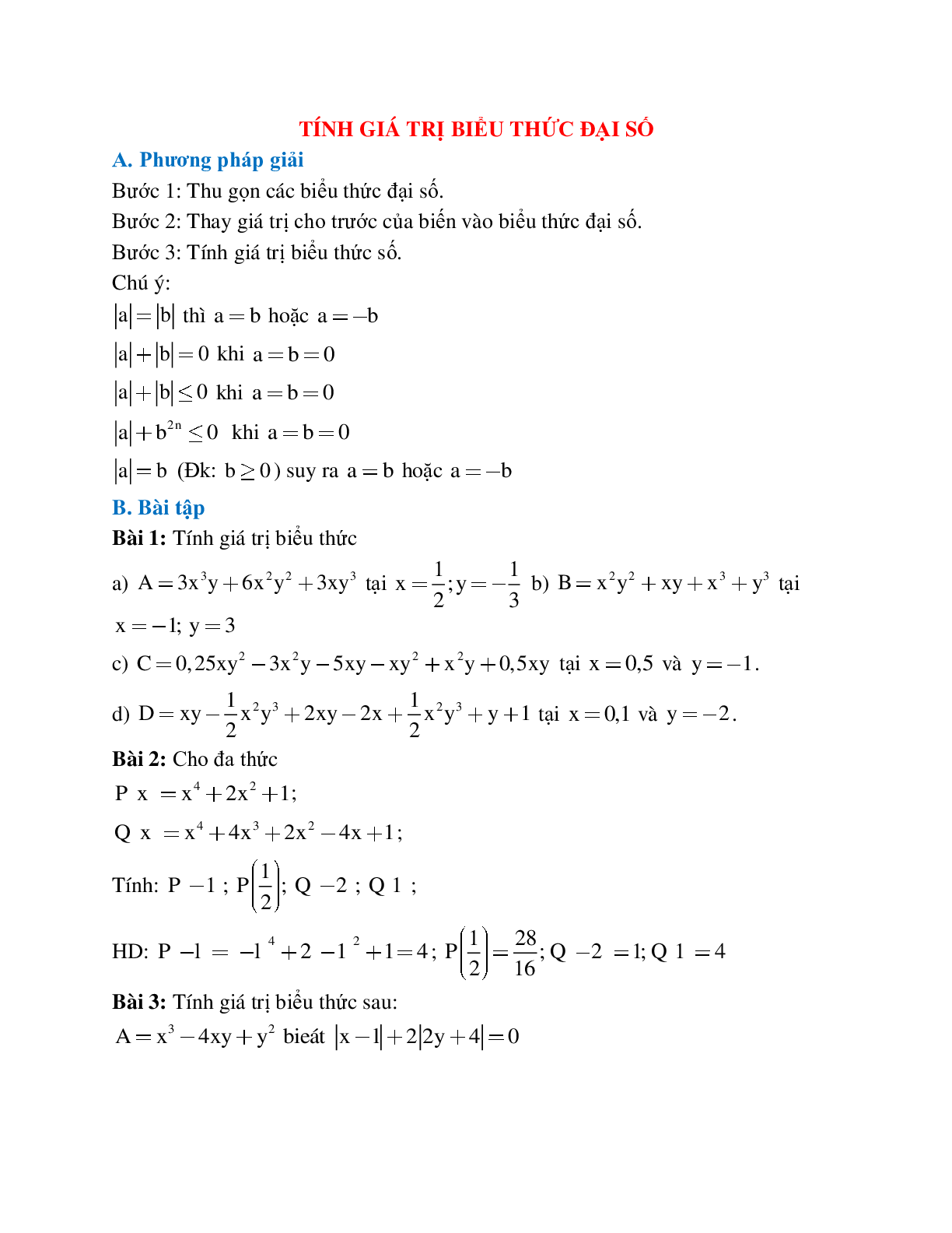 Cách giải Tính giá trị biểu thức đại số (trang 1)