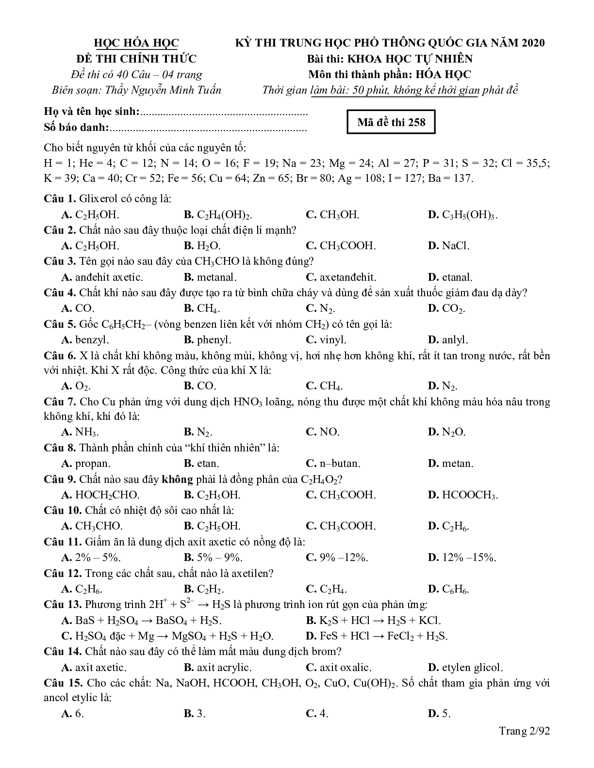 Tổng hợp các đề ôn luyện thi Thpt quốc gia môn Hóa Học Lớp 12 (trang 2)