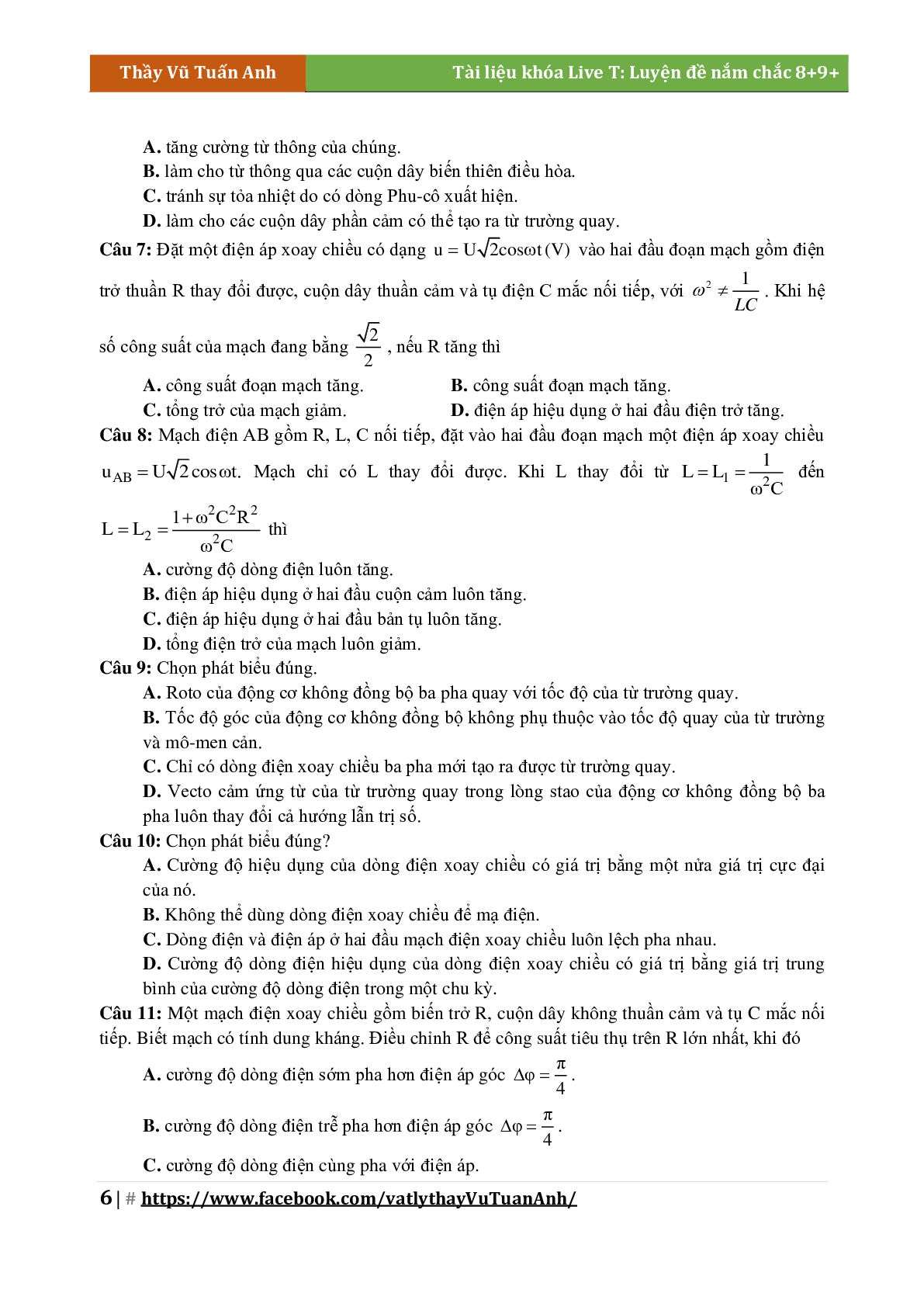 Lý Thuyết Chương Điện Xoay Chiều Môn Vật Lý Lớp 12 (trang 6)
