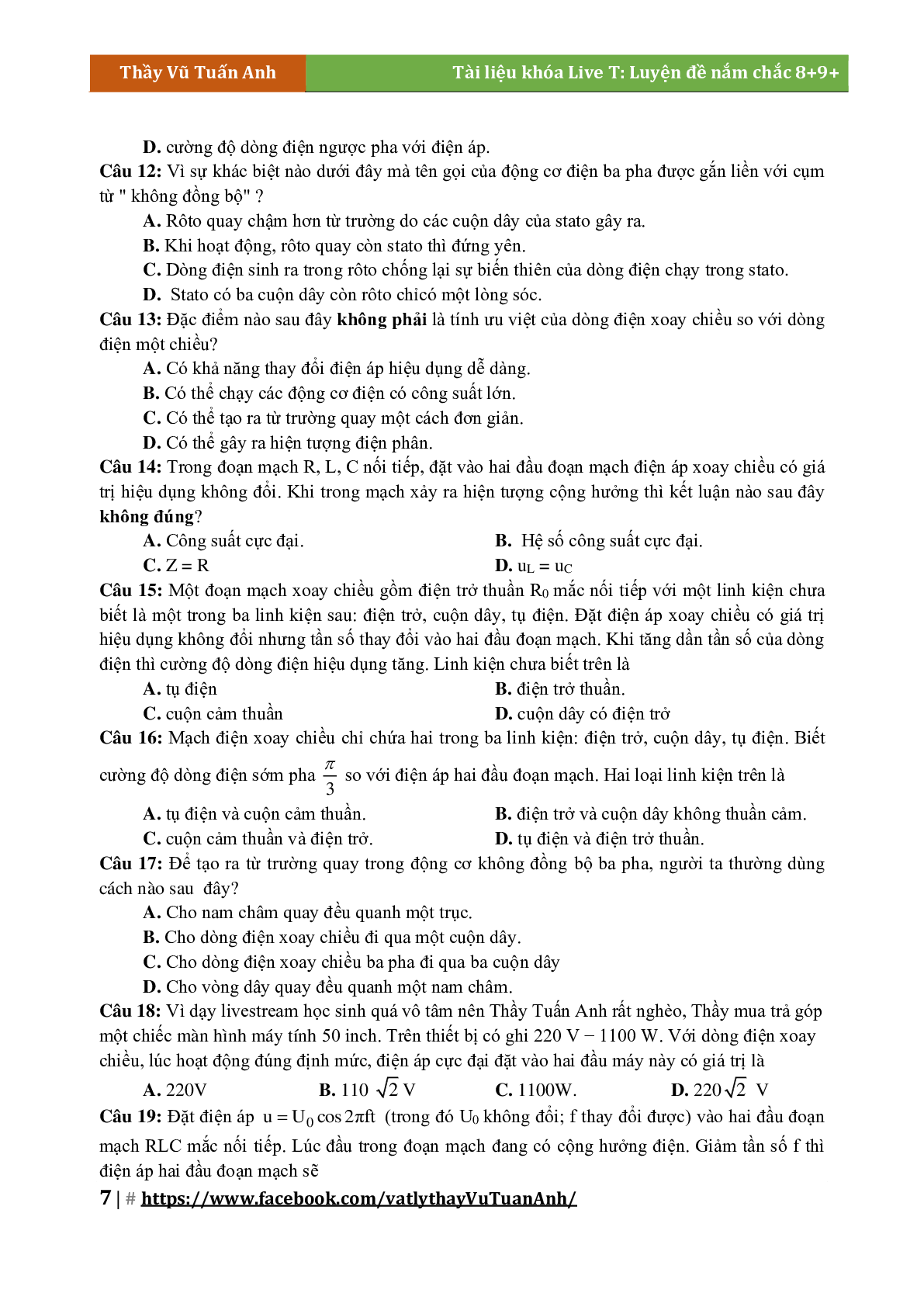 Lý Thuyết Chương Điện Xoay Chiều Môn Vật Lý Lớp 12 (trang 7)