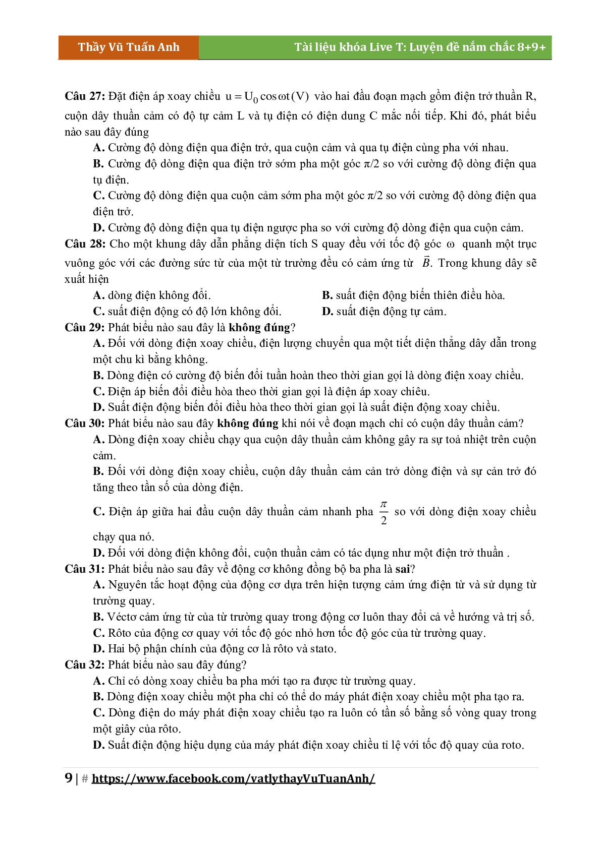 Lý Thuyết Chương Điện Xoay Chiều Môn Vật Lý Lớp 12 (trang 9)