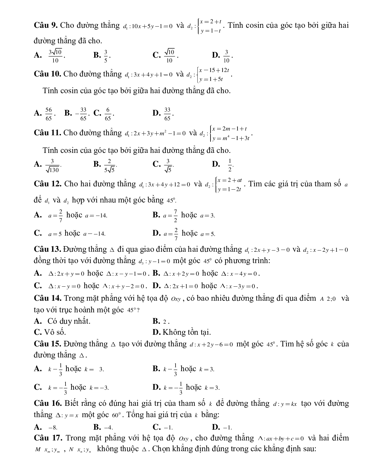Bài tập tự luyện Góc giữa hai đường thẳng chọn lọc (trang 2)