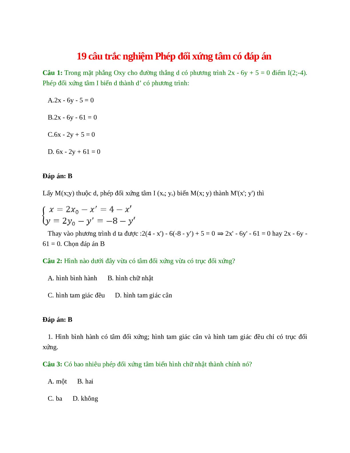 38 câu Trắc nghiệm Phép đối xứng tâm có đáp án 2023 – Toán lớp 11 (trang 1)