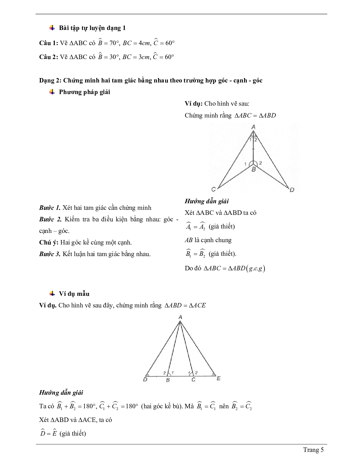 Lý thuyết Toán 7 có đáp án: Trường hợp bằng nhau thứ ba của tam giác: góc - cạnh - góc (g.c.g) (trang 5)