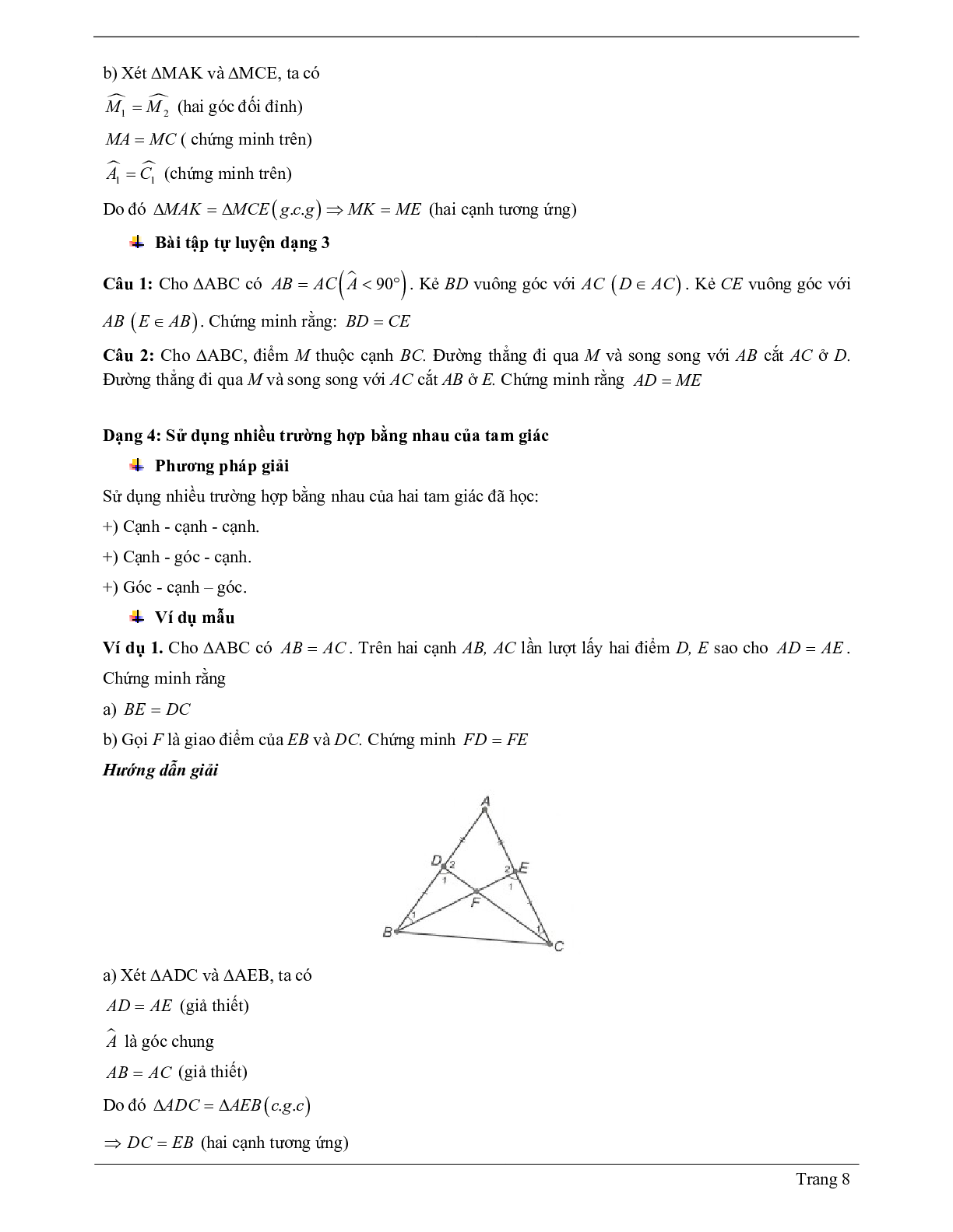 Lý thuyết Toán 7 có đáp án: Trường hợp bằng nhau thứ ba của tam giác: góc - cạnh - góc (g.c.g) (trang 8)