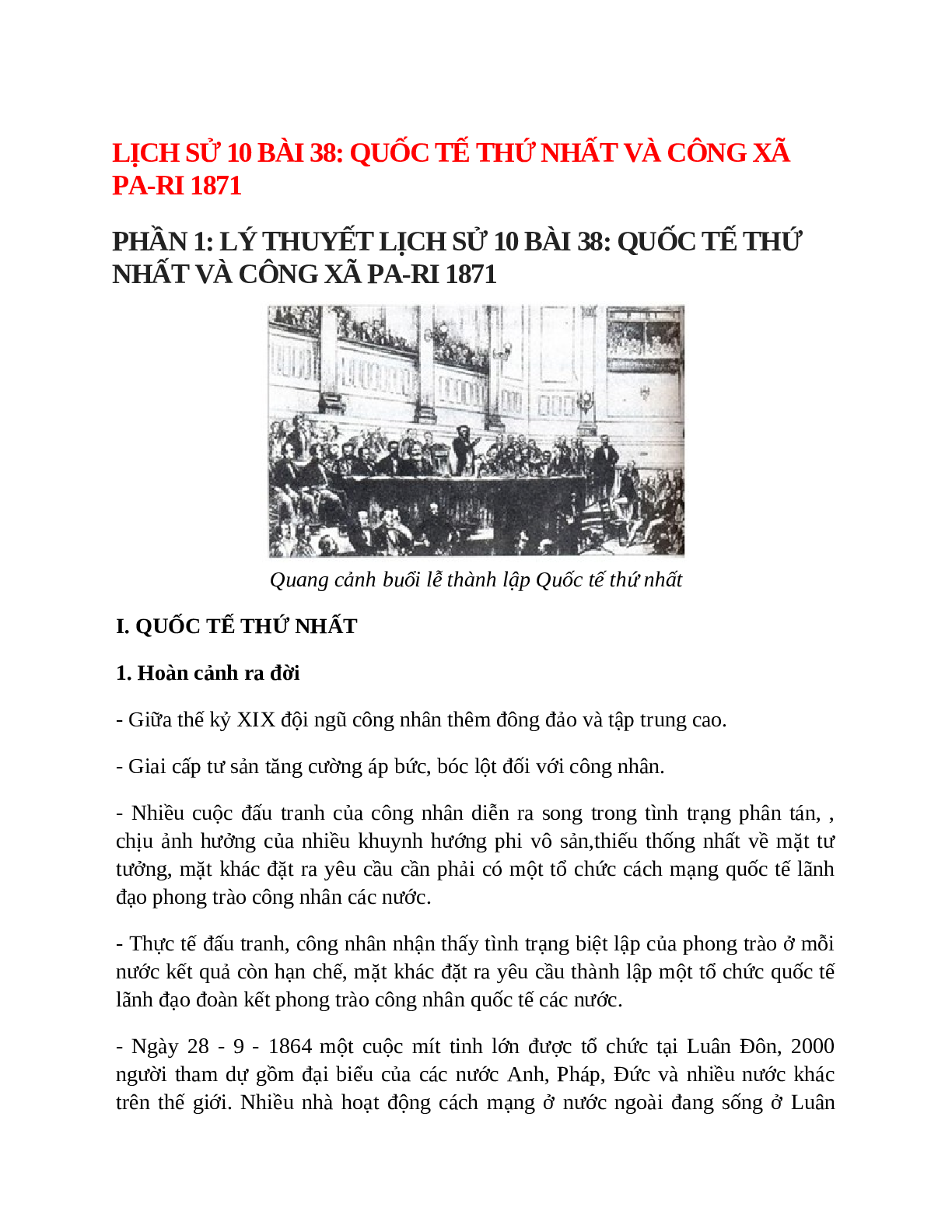Lịch Sử 10 Bài 38 (Lý thuyết và trắc nghiệm): Quốc tế thứ nhất và công xã Pa-ri 1871 (trang 1)