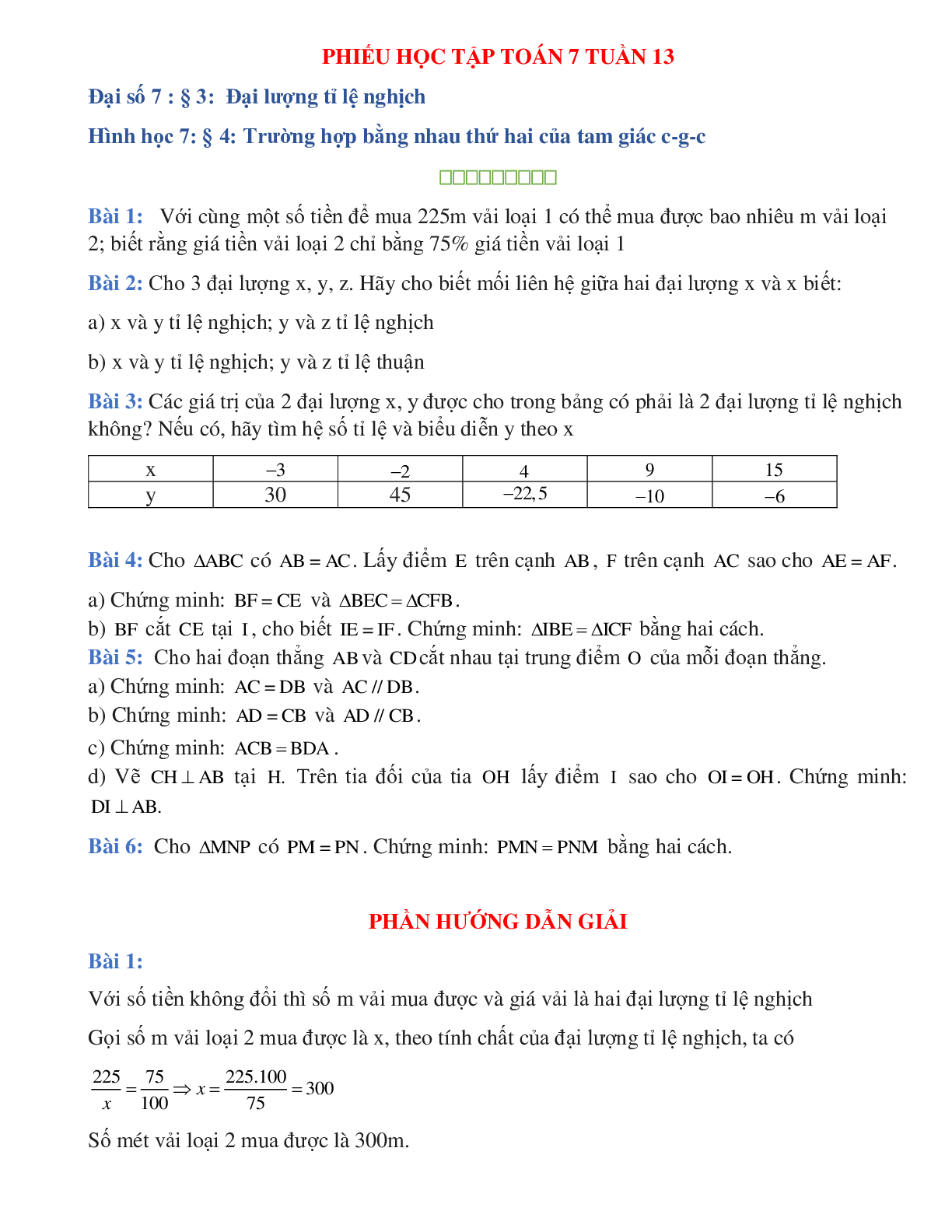 Phiếu bài tập tuần 13 - Toán 7 (trang 1)