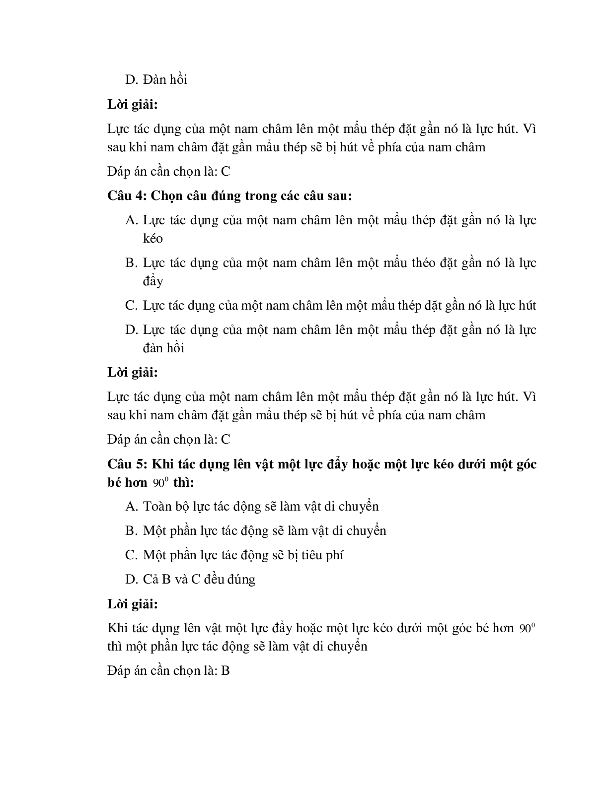 Trắc nghiệm Vật lý 6 Bài 6 có đáp án: Bài tập Lực - Hai lực cân bằng (trang 2)