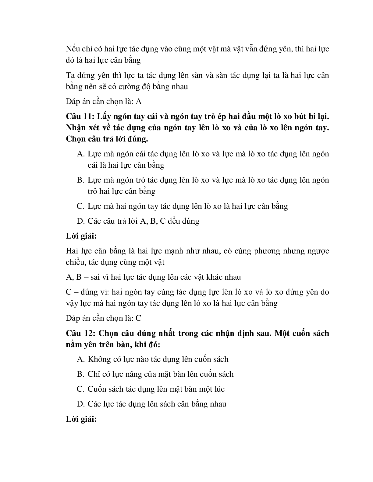 Trắc nghiệm Vật lý 6 Bài 6 có đáp án: Bài tập Lực - Hai lực cân bằng (trang 5)