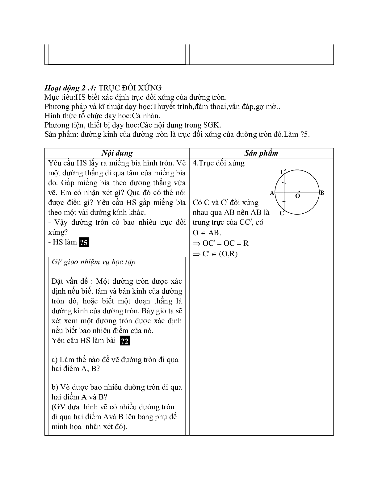 Giáo án Sự xác định đường tròn. Tính chất đối xứng của đường tròn (2023) - Toán 9 (trang 5)