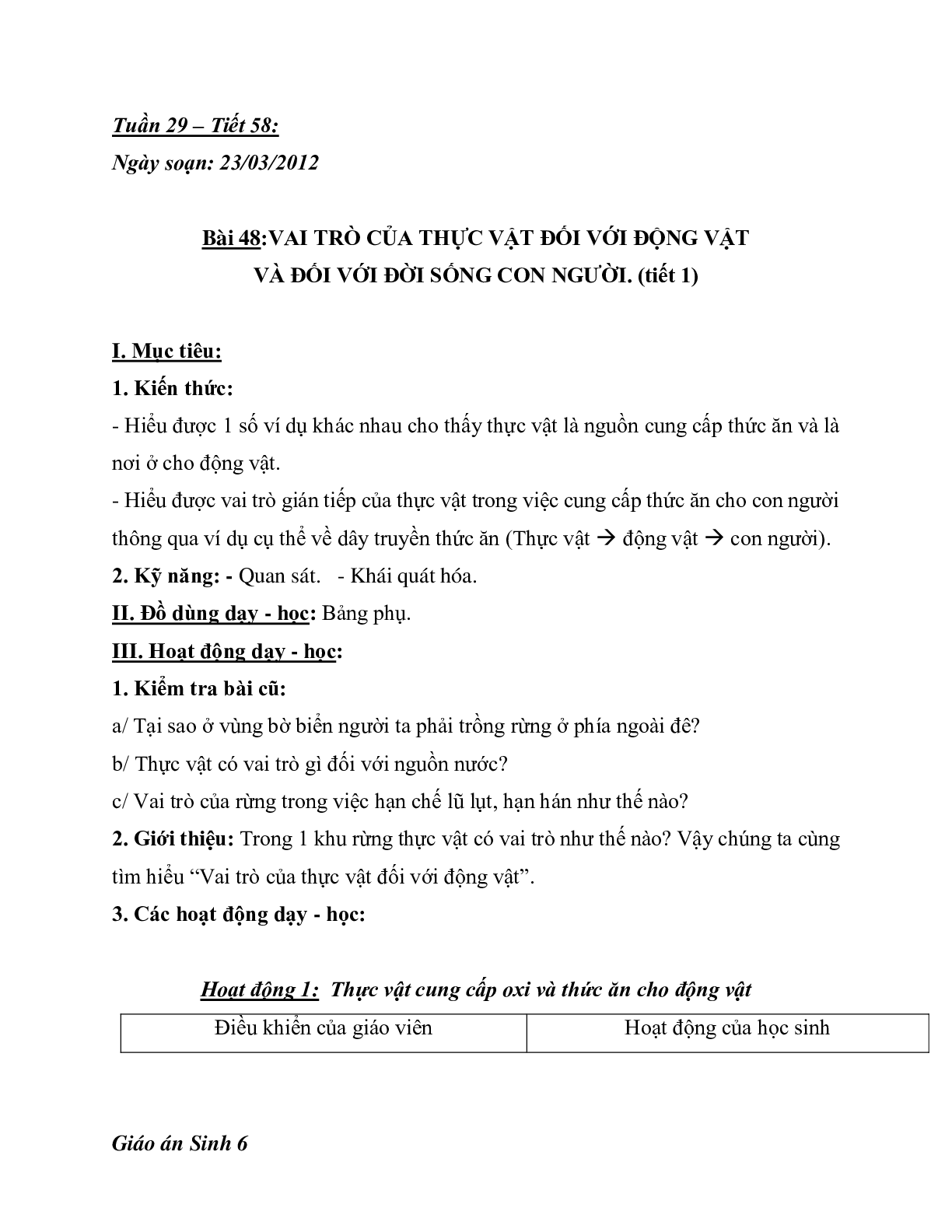 Giáo án Sinh học 6 Bài 48: Vai trò của thực vật đối với động vật và đối với đời sống con người mới nhất - CV5512 (trang 1)