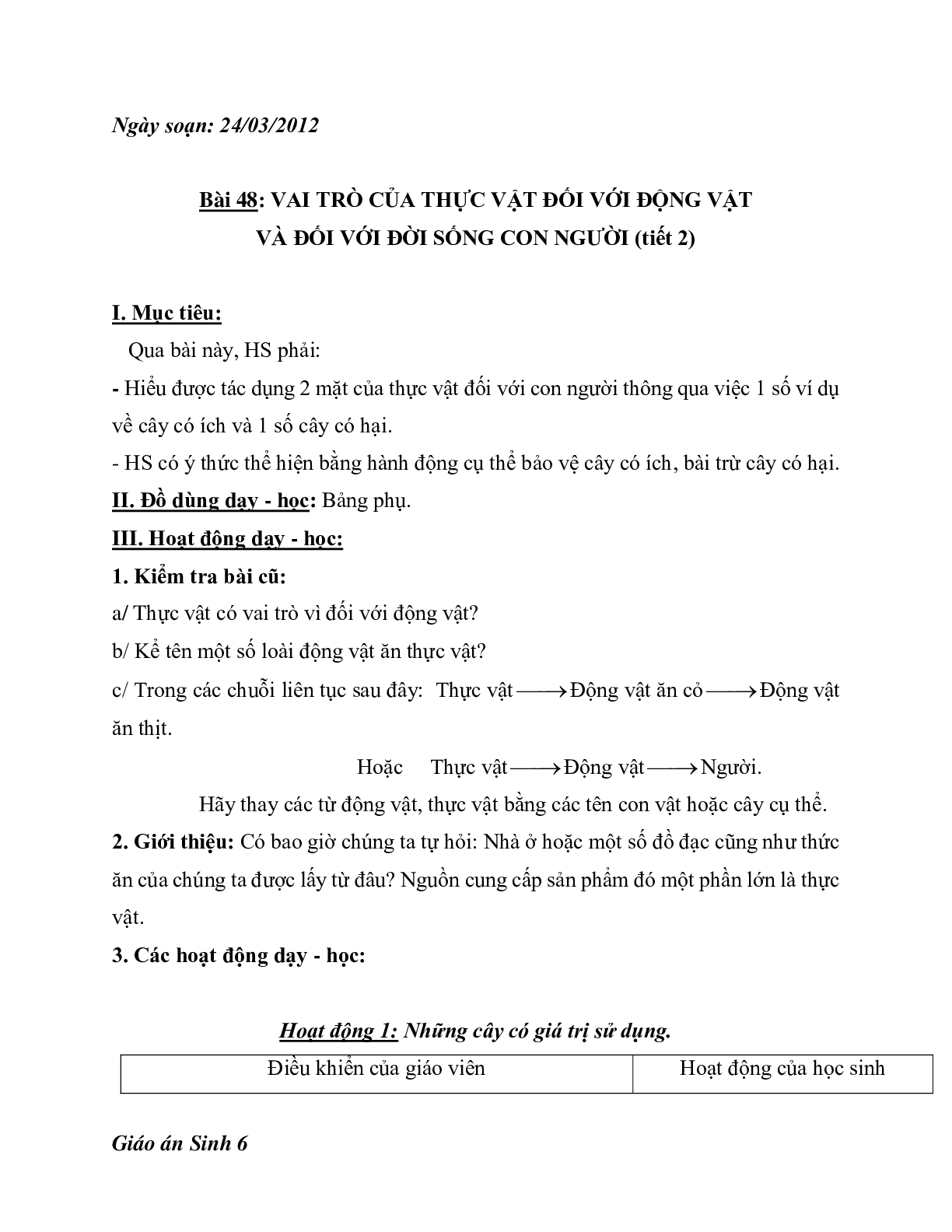 Giáo án Sinh học 6 Bài 48: Vai trò của thực vật đối với động vật và đối với đời sống con người mới nhất - CV5512 (trang 4)