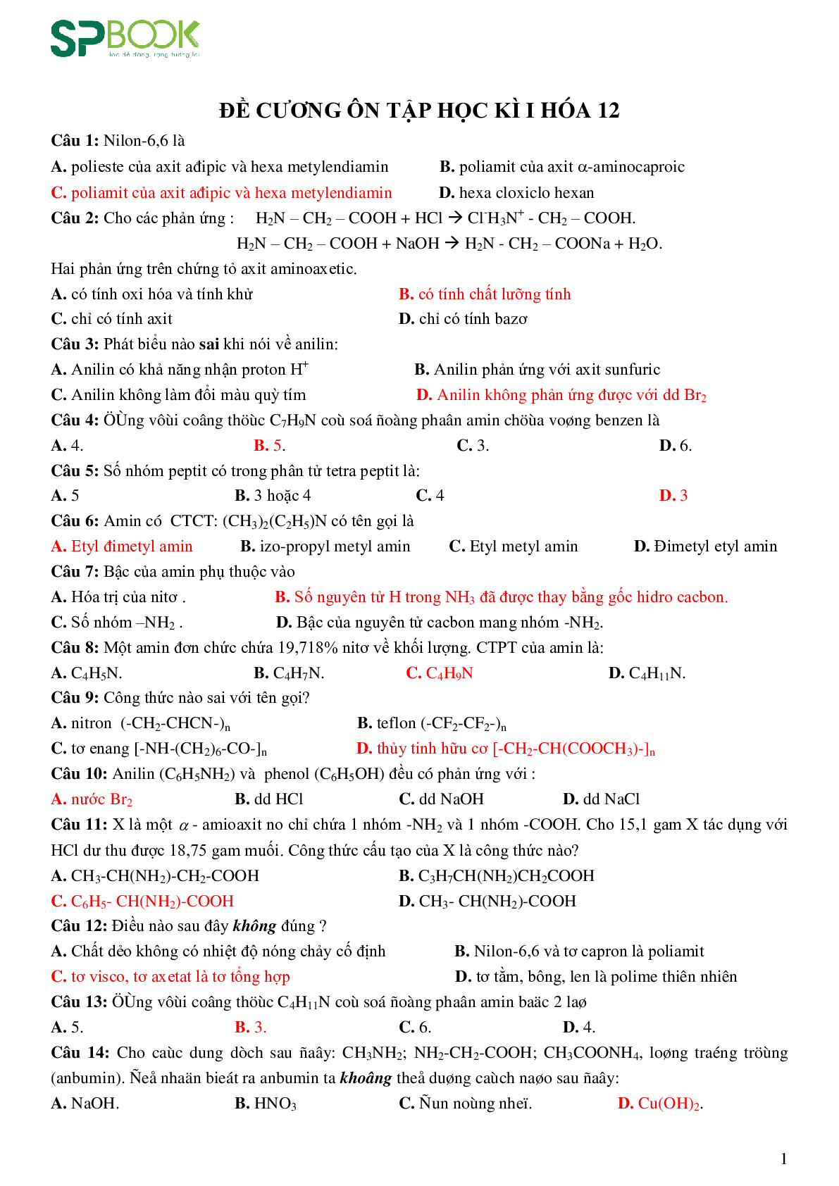 Bộ 200 câu hỏi ôn tập học kỳ 1 môn Hóa học lớp 12 có đáp án (trang 1)