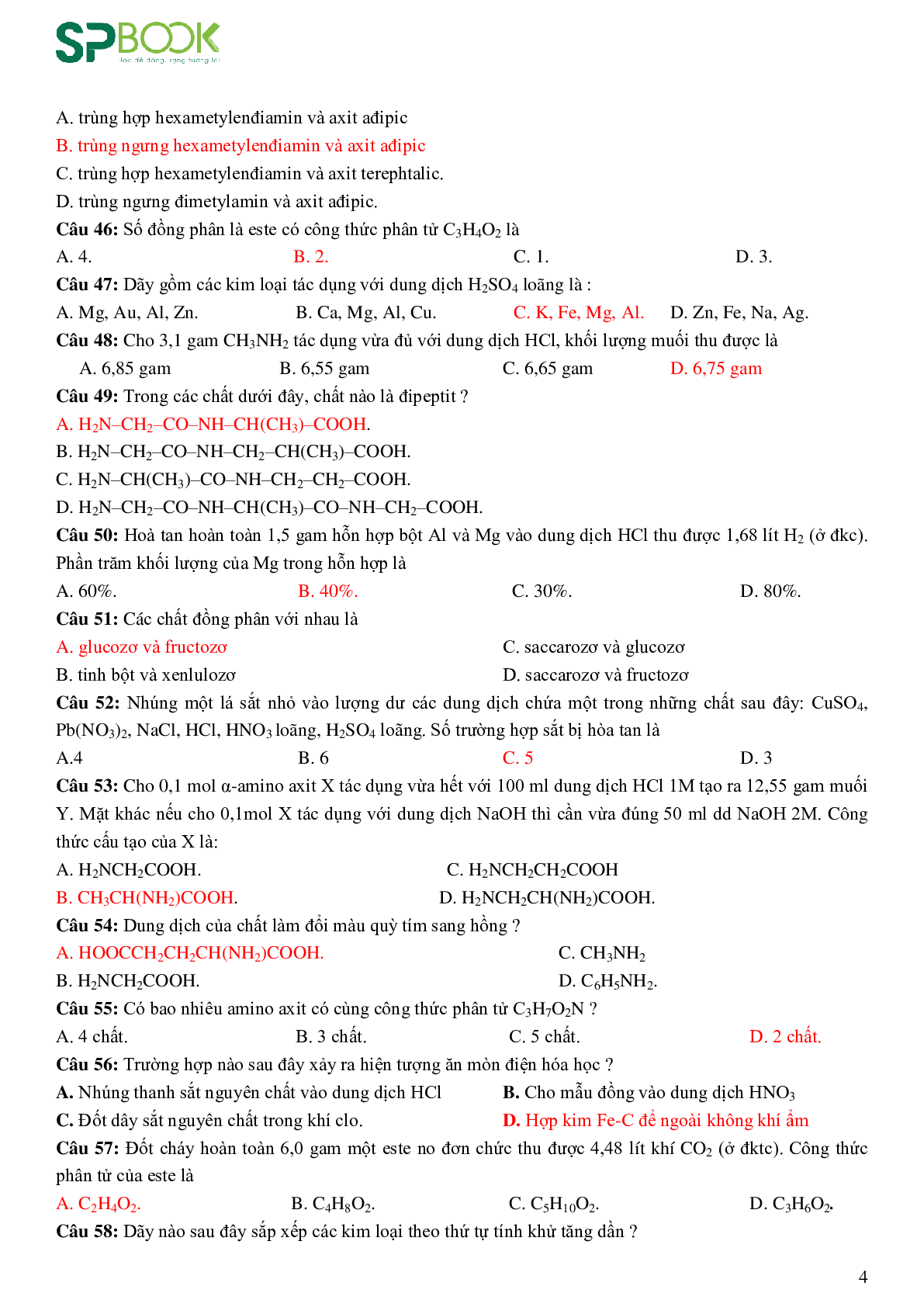 Bộ 200 câu hỏi ôn tập học kỳ 1 môn Hóa học lớp 12 có đáp án (trang 4)