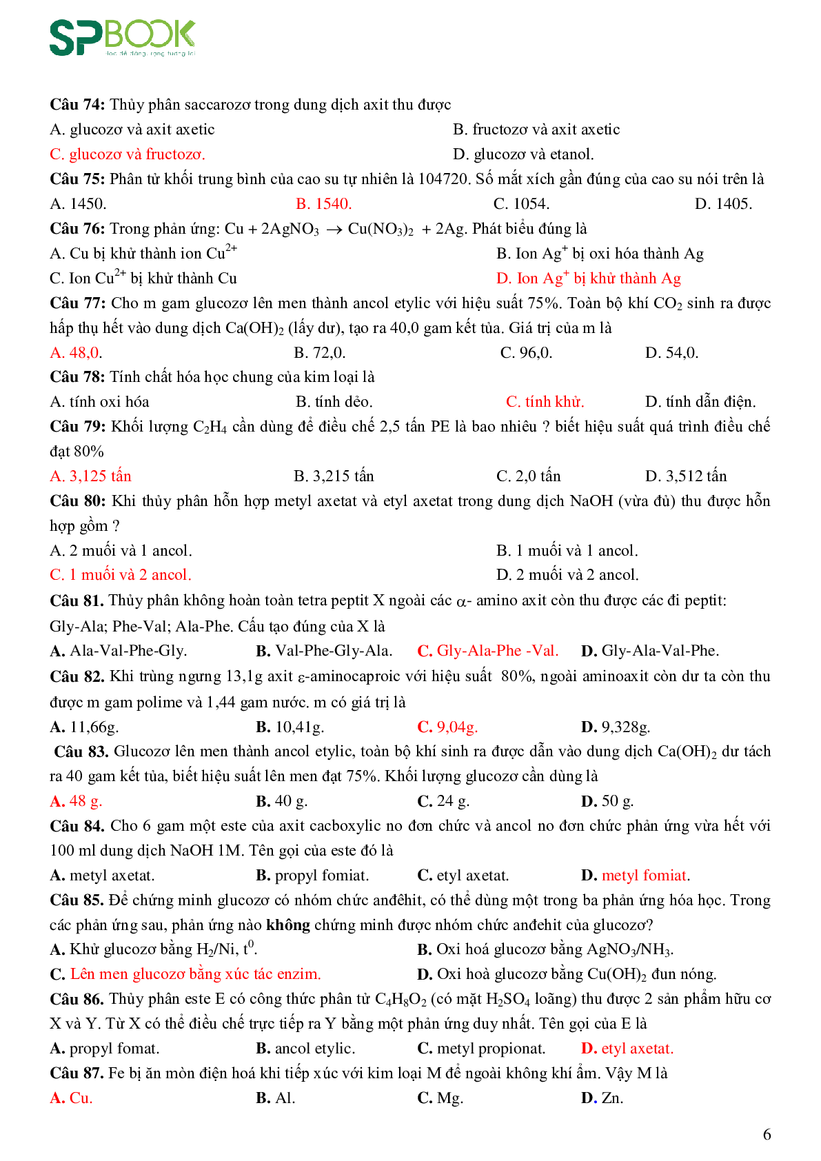 Bộ 200 câu hỏi ôn tập học kỳ 1 môn Hóa học lớp 12 có đáp án (trang 6)