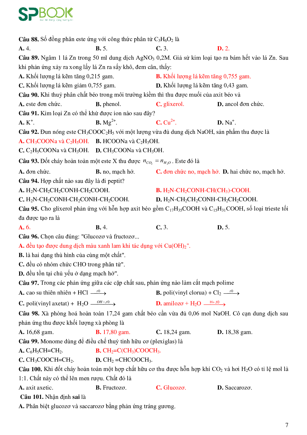 Bộ 200 câu hỏi ôn tập học kỳ 1 môn Hóa học lớp 12 có đáp án (trang 7)